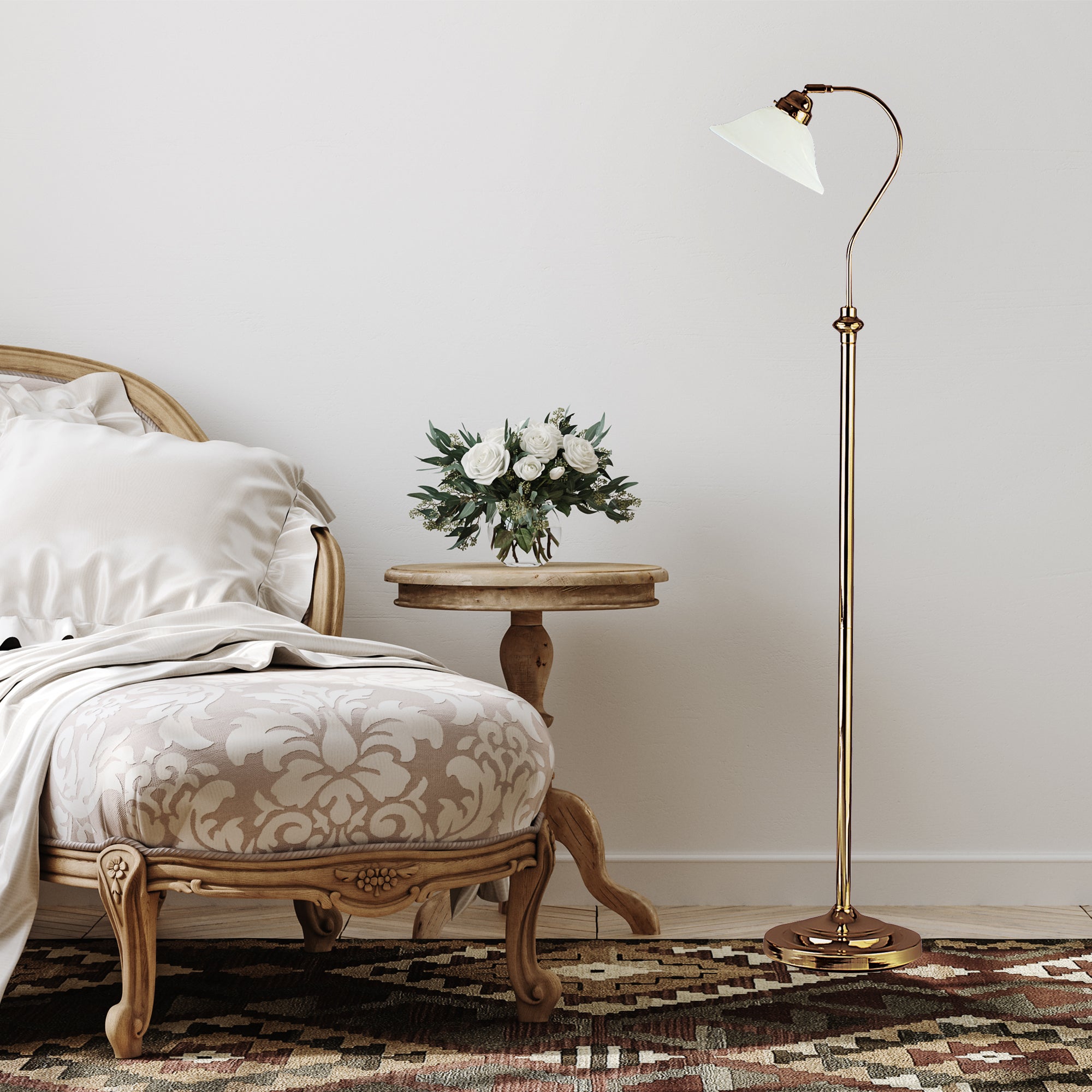 Searchlight Abram Adjustable Floor Lamp - Antique Brass & Scavo Glass Shade
