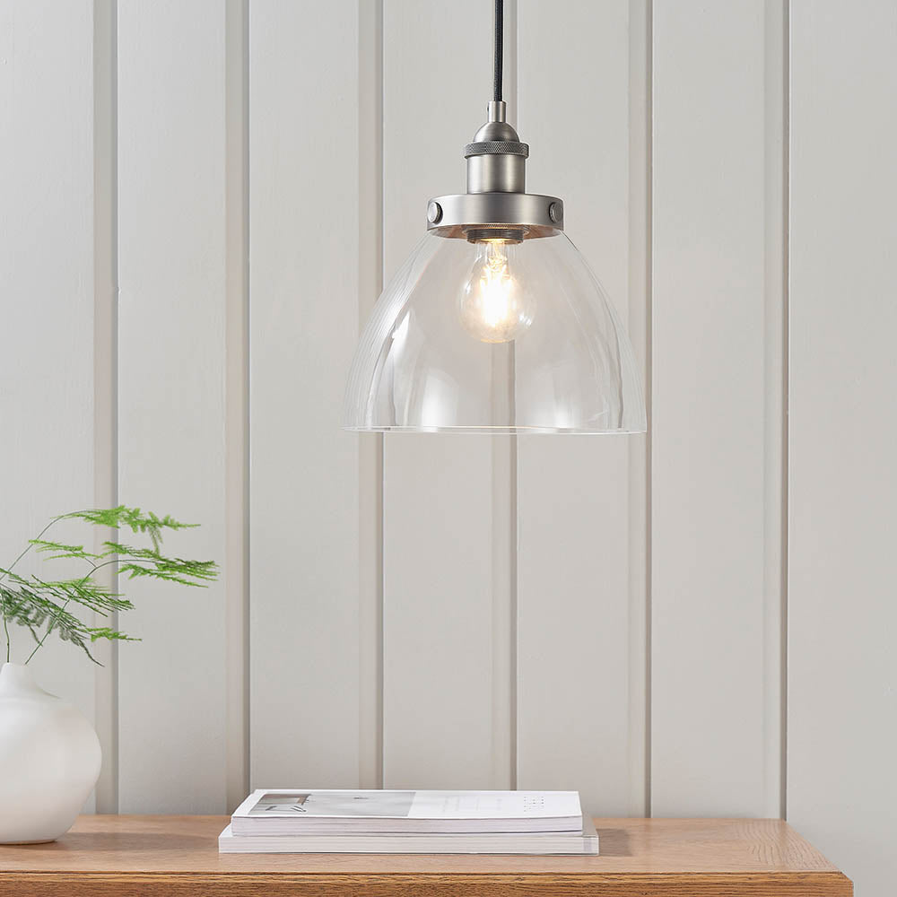 Endon Hansen Single Light Pendant - Brushed Silver Paint & Clear Glass