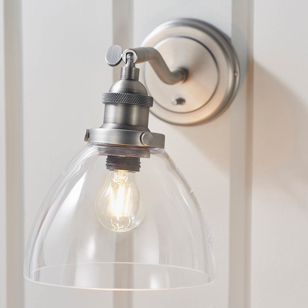 Endon Hansen Single Light Wall Light - Brushed Silver Paint & Clear Glass
