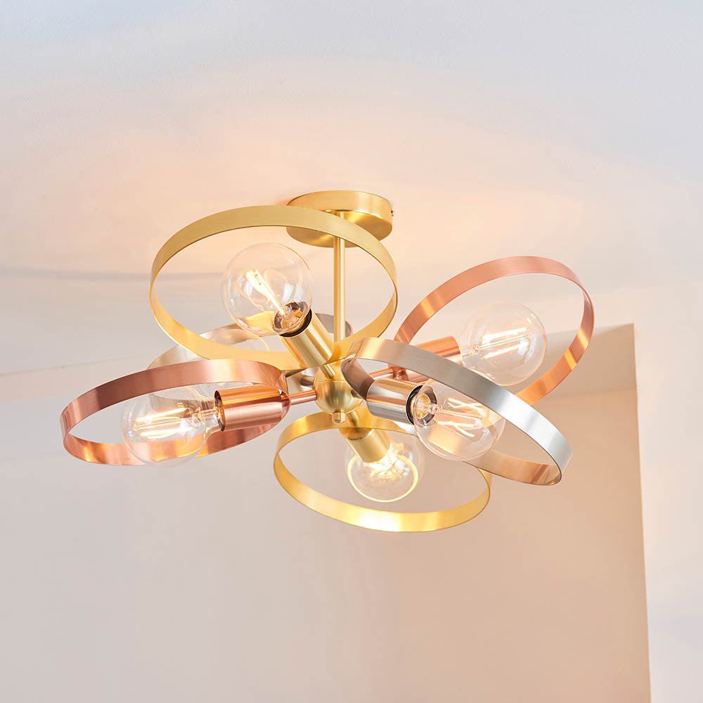 Endon Hoop 6 Light Semi Flush Fitting - Satin Brass & Brushed Copper Plate