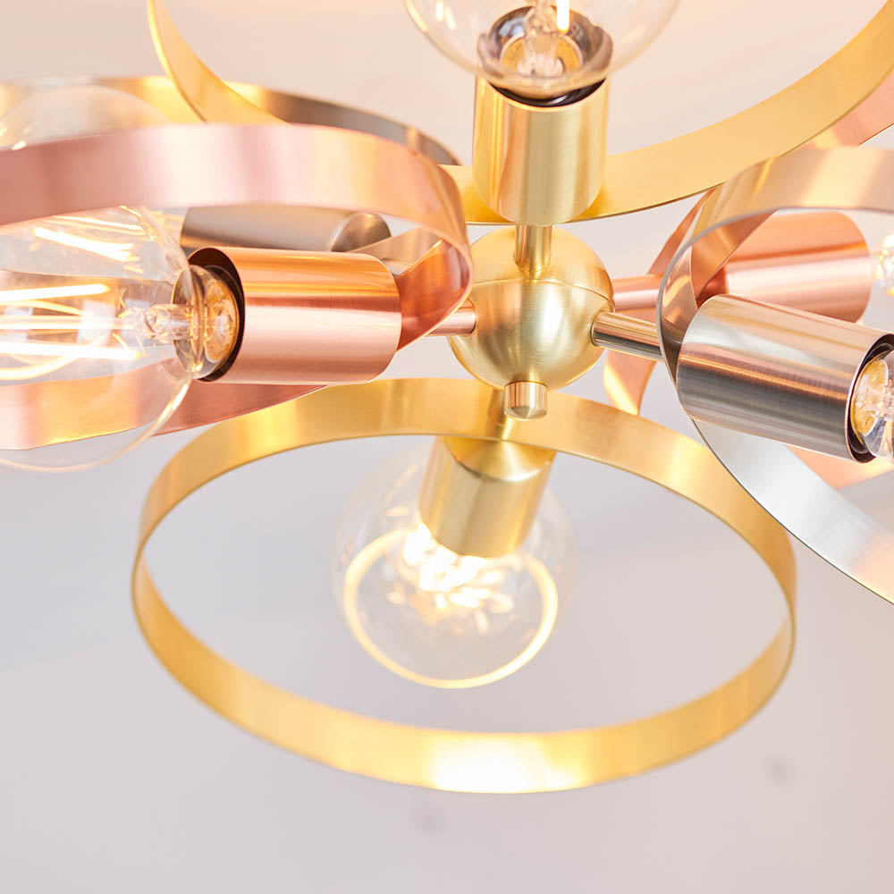Endon Hoop 6 Light Semi Flush Fitting - Satin Brass & Brushed Copper Plate