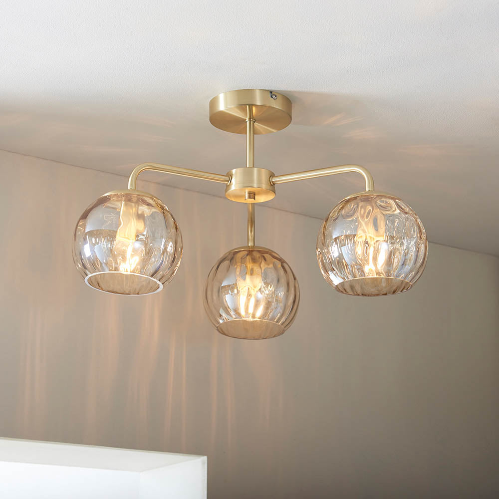 Endon Dimple 3 Light Semi Flush Fitting - Satin Brass Plate & Champagne Lustre Glass