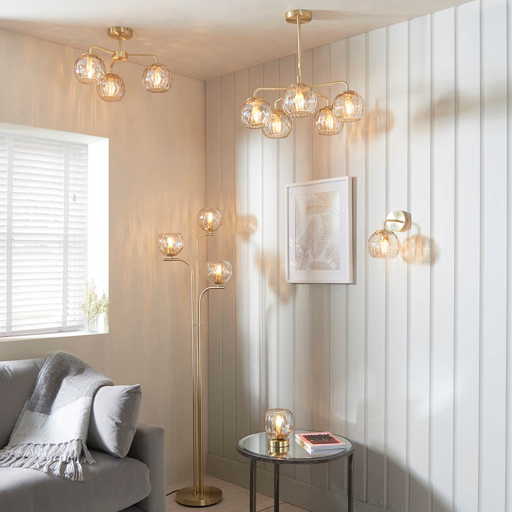 Endon Dimple 3 Light Semi Flush Fitting - Satin Brass Plate & Champagne Lustre Glass