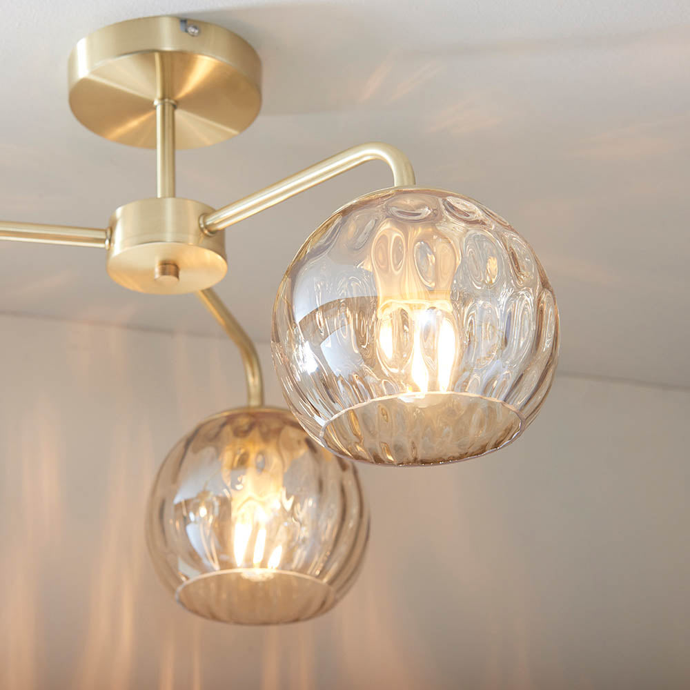 Endon Dimple 3 Light Semi Flush Fitting - Satin Brass Plate & Champagne Lustre Glass