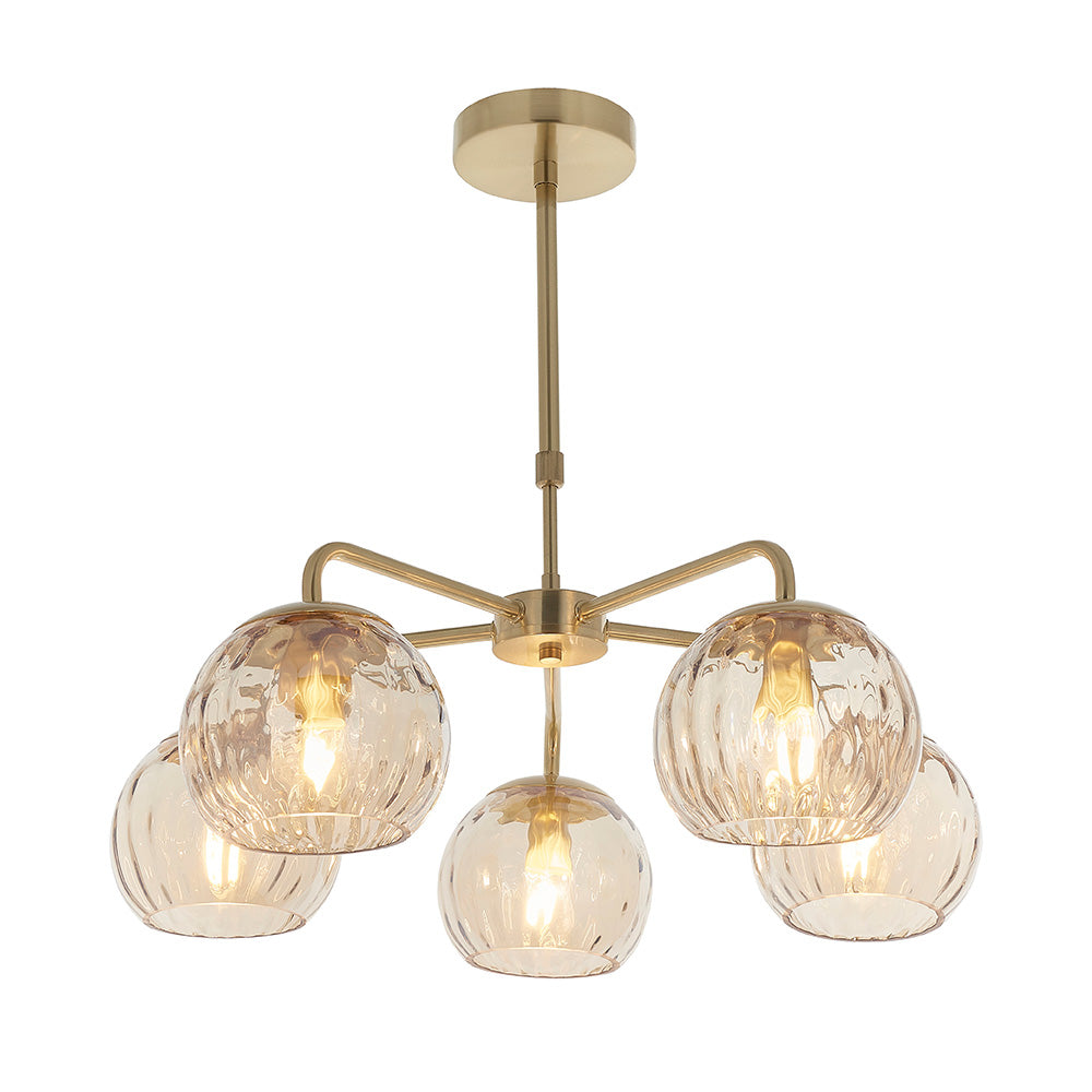 Endon Dimple 5 Light Pendant - Satin Brass Plate & Champagne Lustre Glass