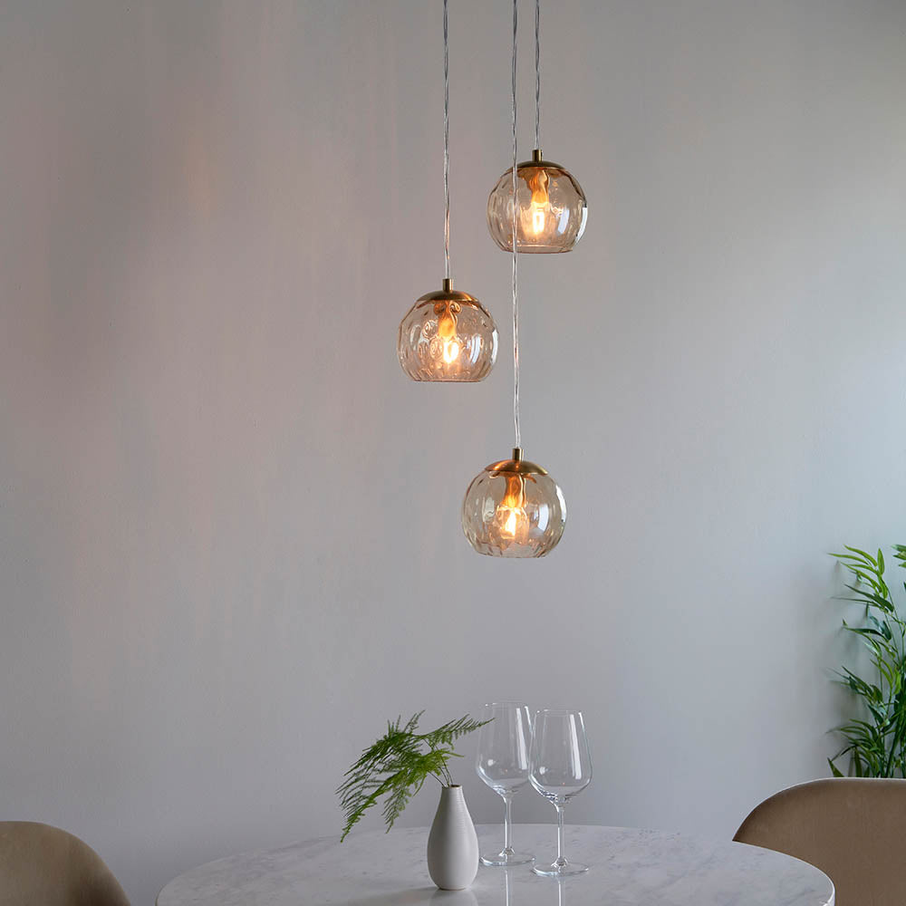 Endon Dimple 3 Light Pendant - Satin Brass Plate & Champagne Lustre Glass