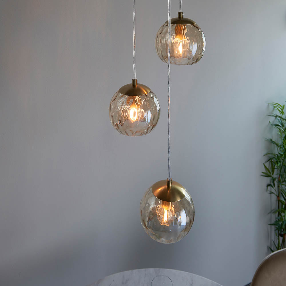 Endon Dimple 3 Light Pendant - Satin Brass Plate & Champagne Lustre Glass