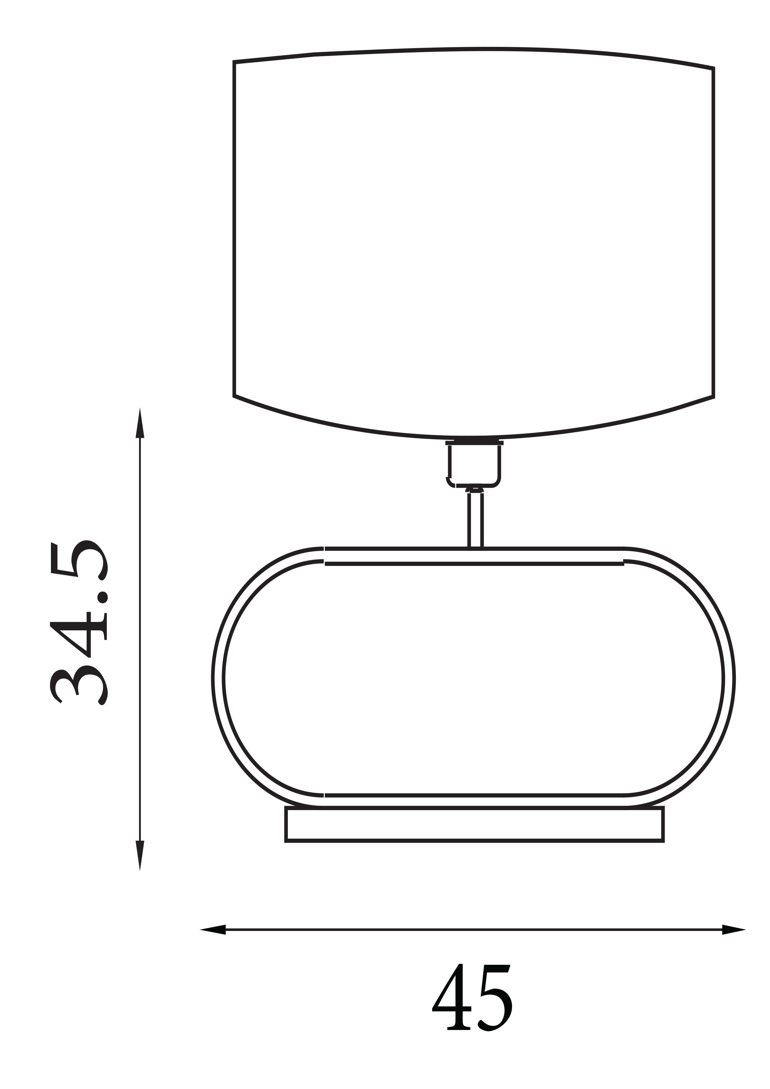 Line drawing of the Sleek table lamp showing the oval shade and base in profile, with a height of 34.5cm and a width of 45cm.