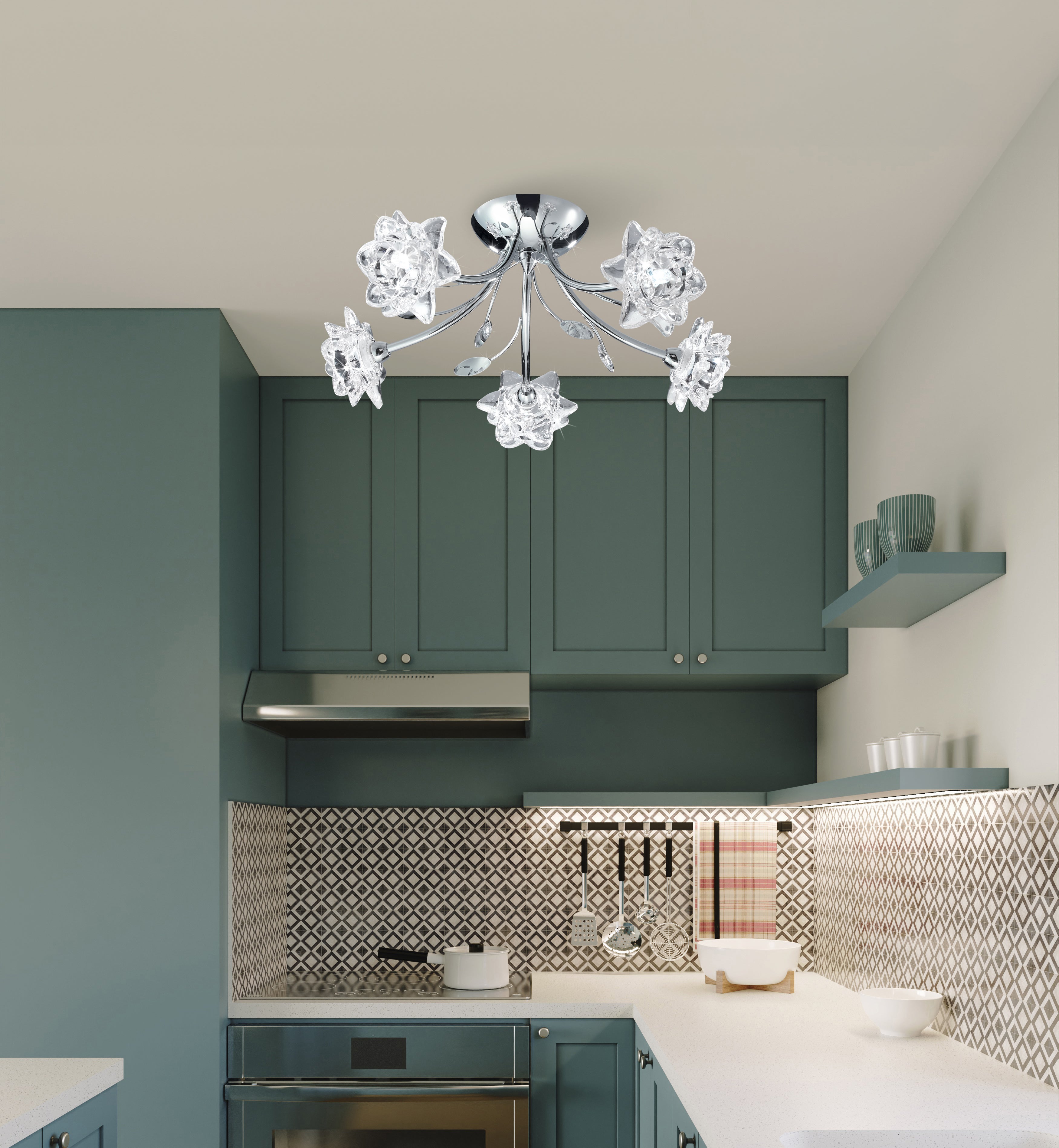 Searchlight Bay 5 Light Semi-Flush Ceiling Light - Chrome & Clear Glass