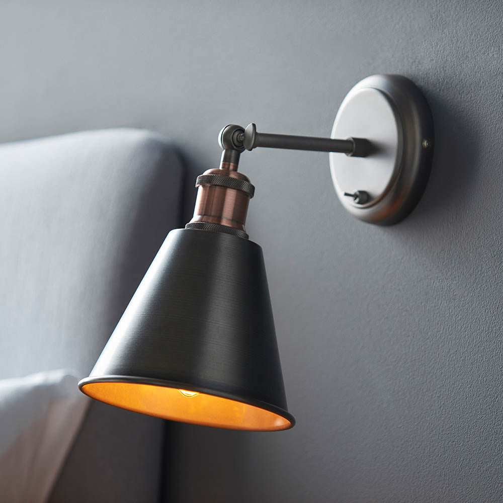 Endon Hal Single Light Wall Light with Shade - Aged Pewter & Aged Copper Plate