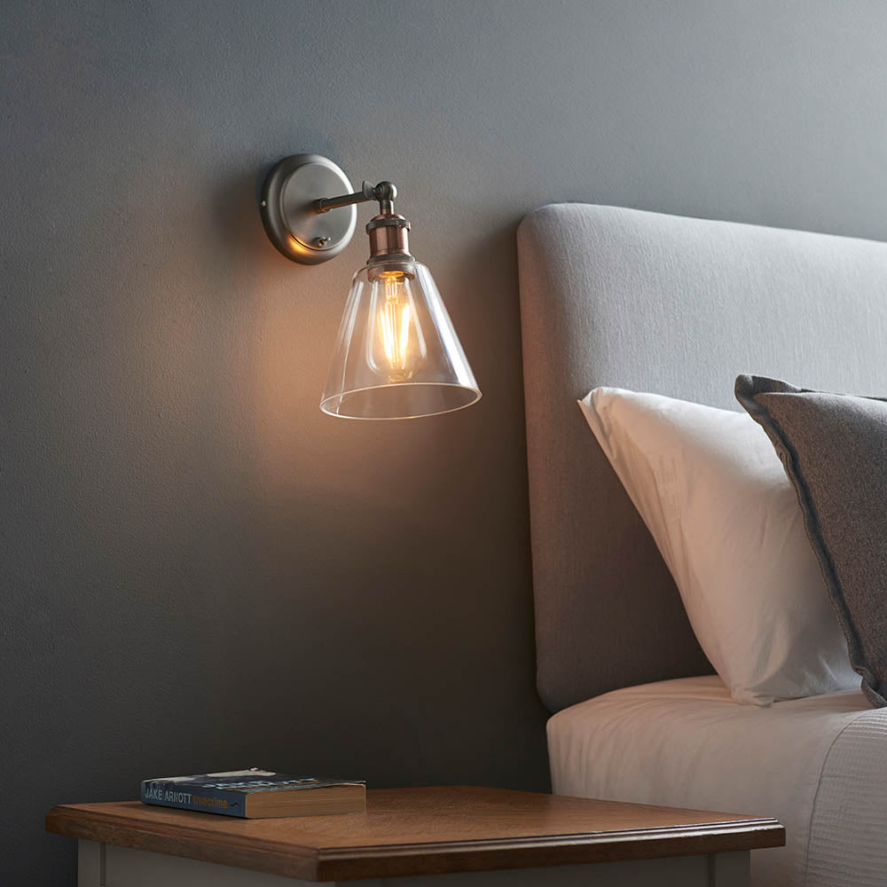 Endon Hal Single Light Wall Light with Glass Shade - Aged Pewter & Aged Copper Plate