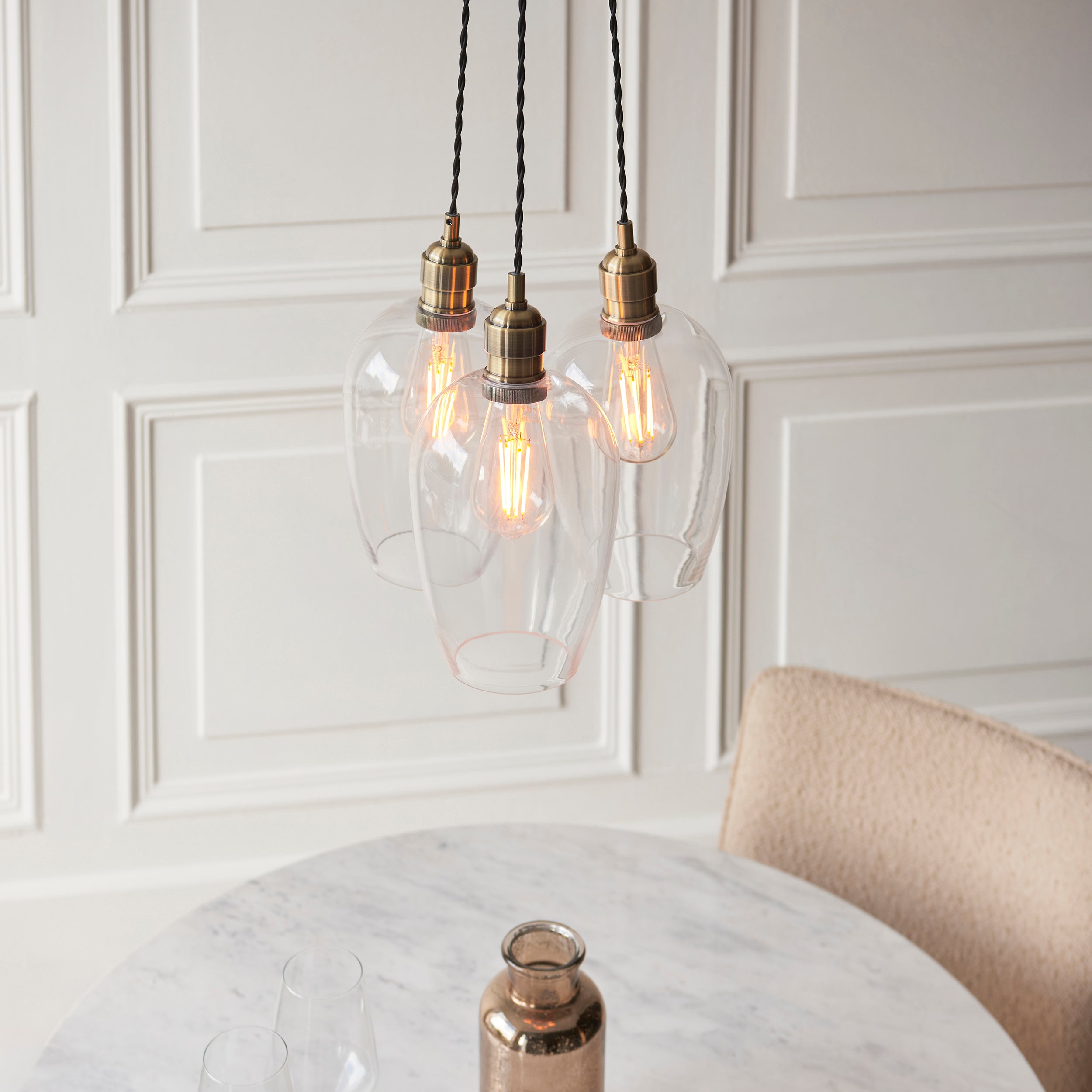 Utopia Finesse 3 Light Cluster Ceiling Pendant - Antique Brass & Clear Glass