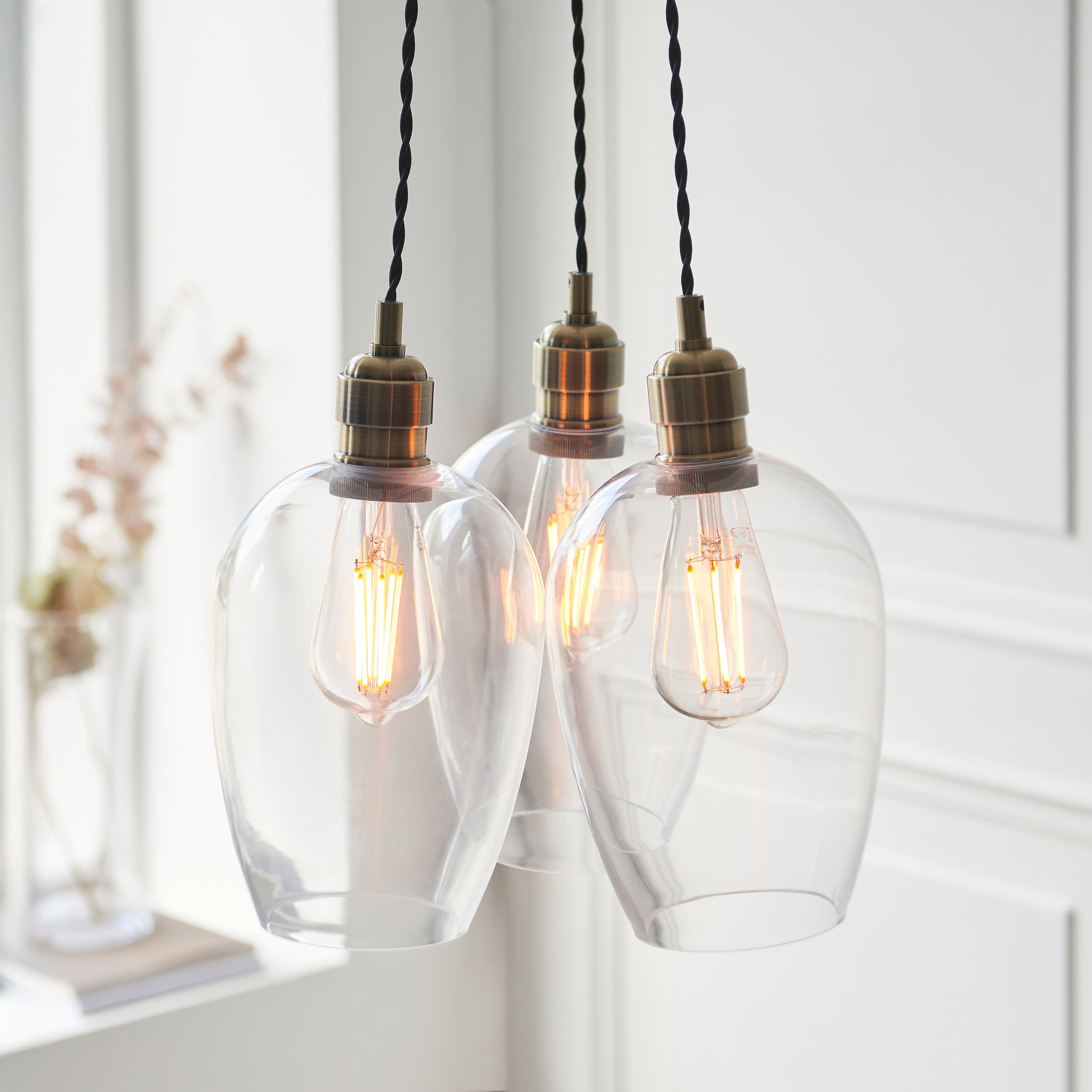 Utopia Finesse 3 Light Cluster Ceiling Pendant - Antique Brass & Clear Glass