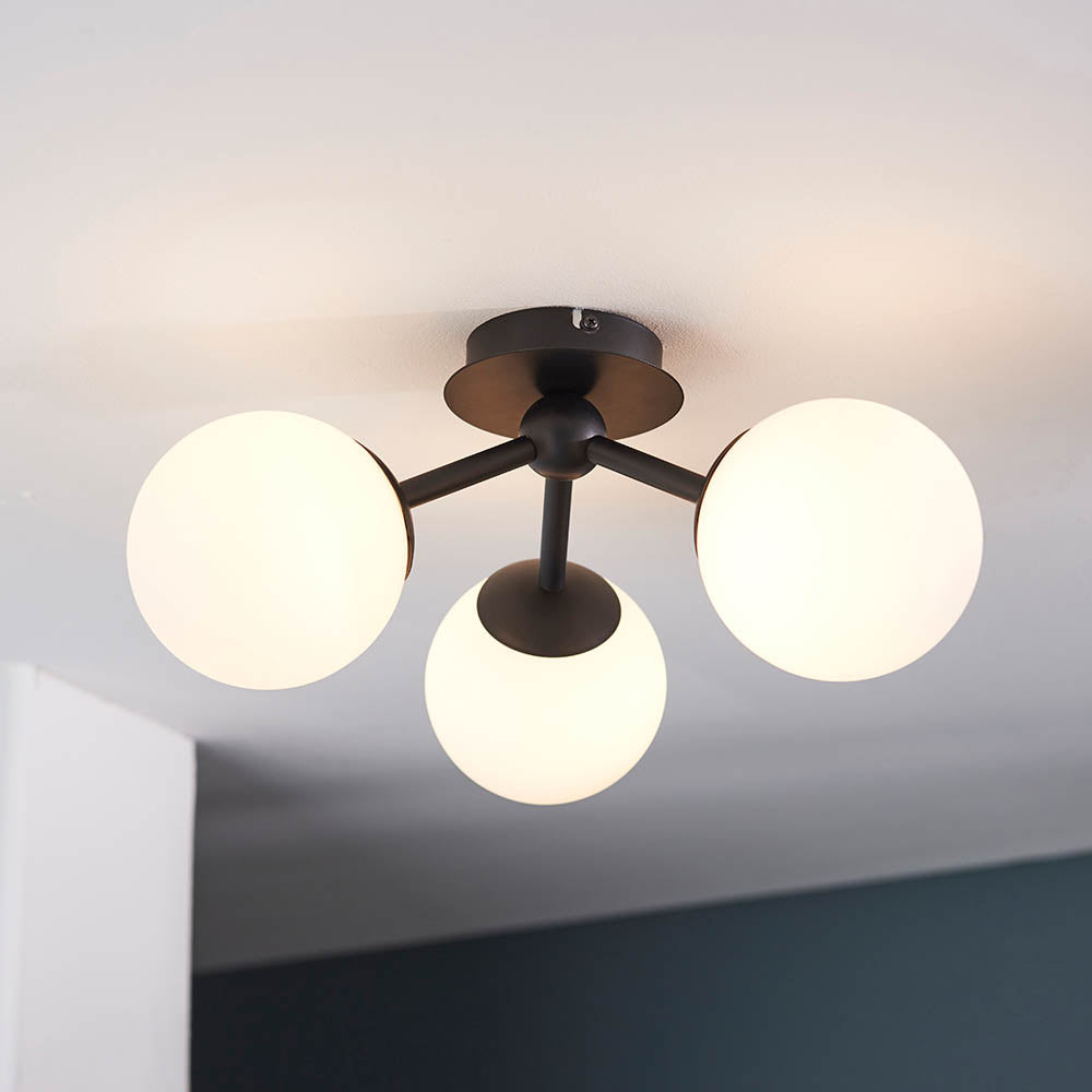 Endon Pulsa 3 Light Semi Flush - Matt Black & Matt White Glass