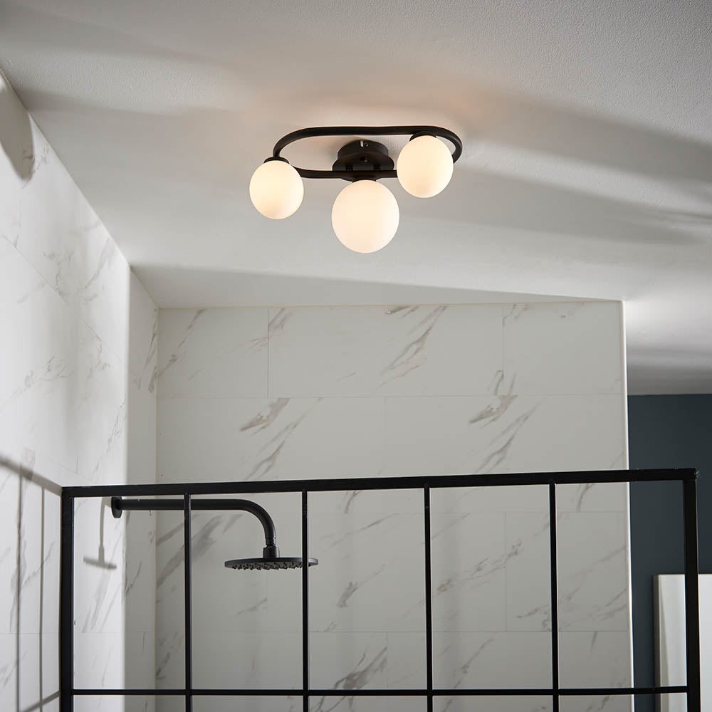 Endon Pulsa Oval 3 Light Semi Flush - Matt Black & Matt White Glass
