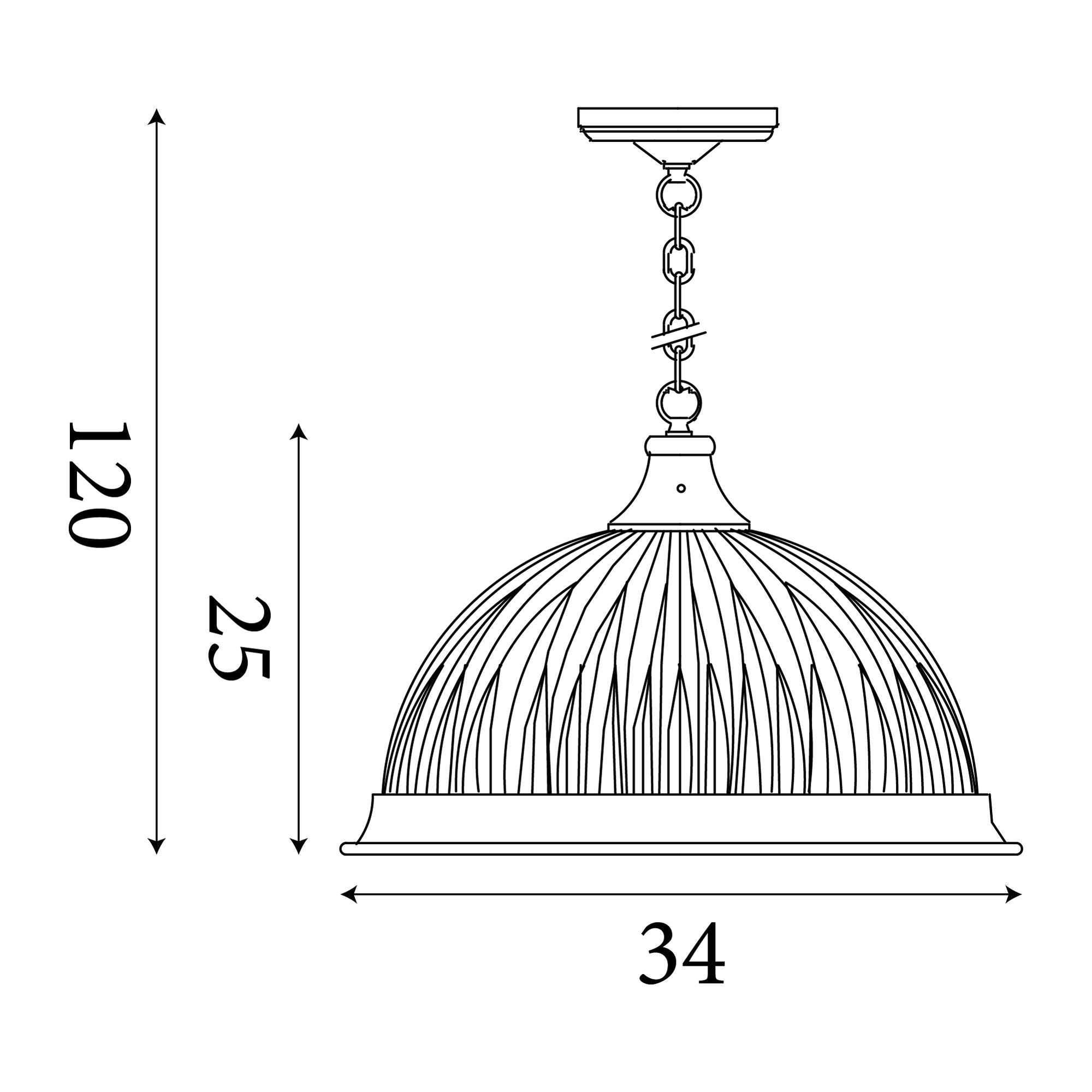 Searchlight American Diner pendant technical line drawing showing 34cm shade width, 25cm shade height and 120cm maximum drop
