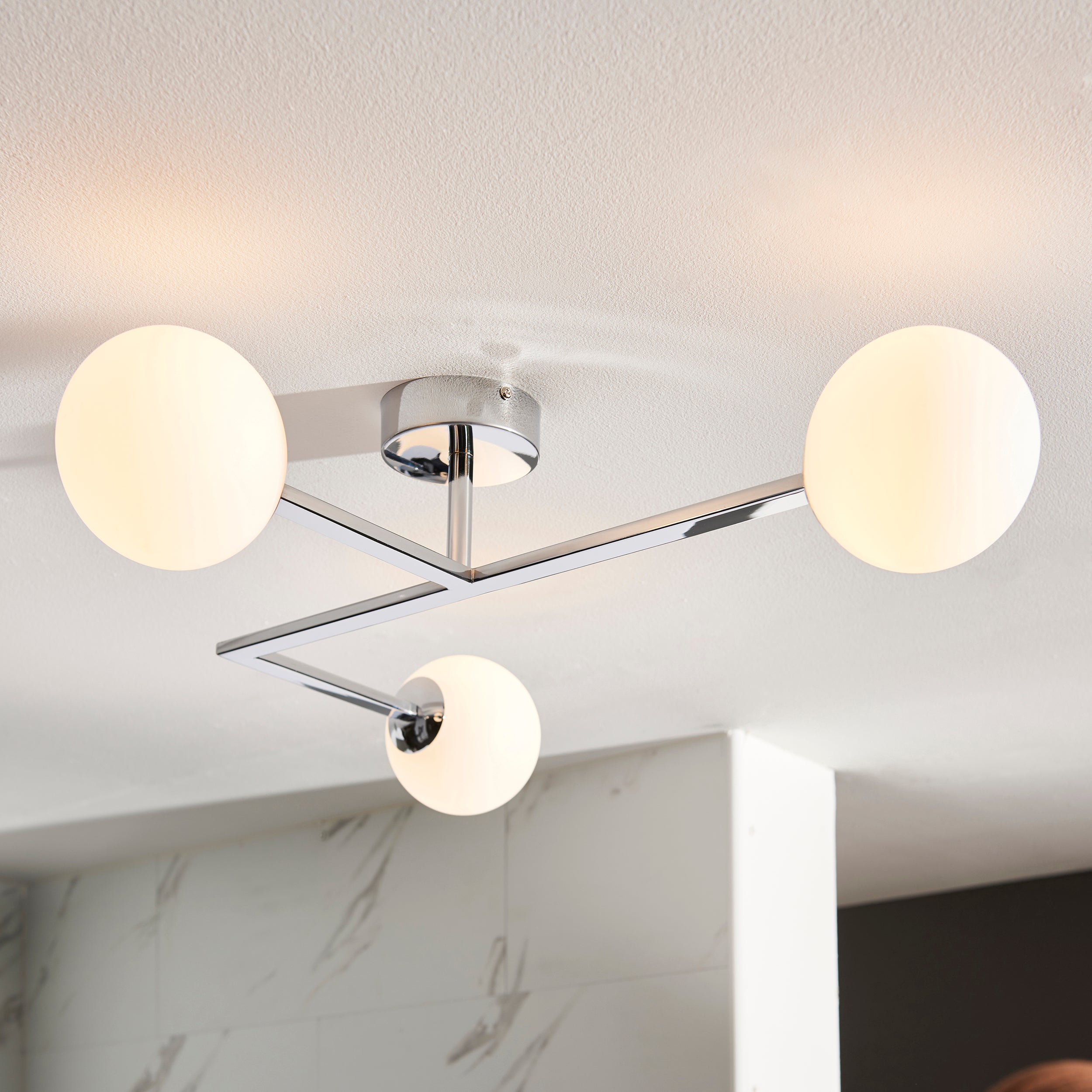 Endon Linear Metal Semi Flush Fitting - Chrome With White Globe