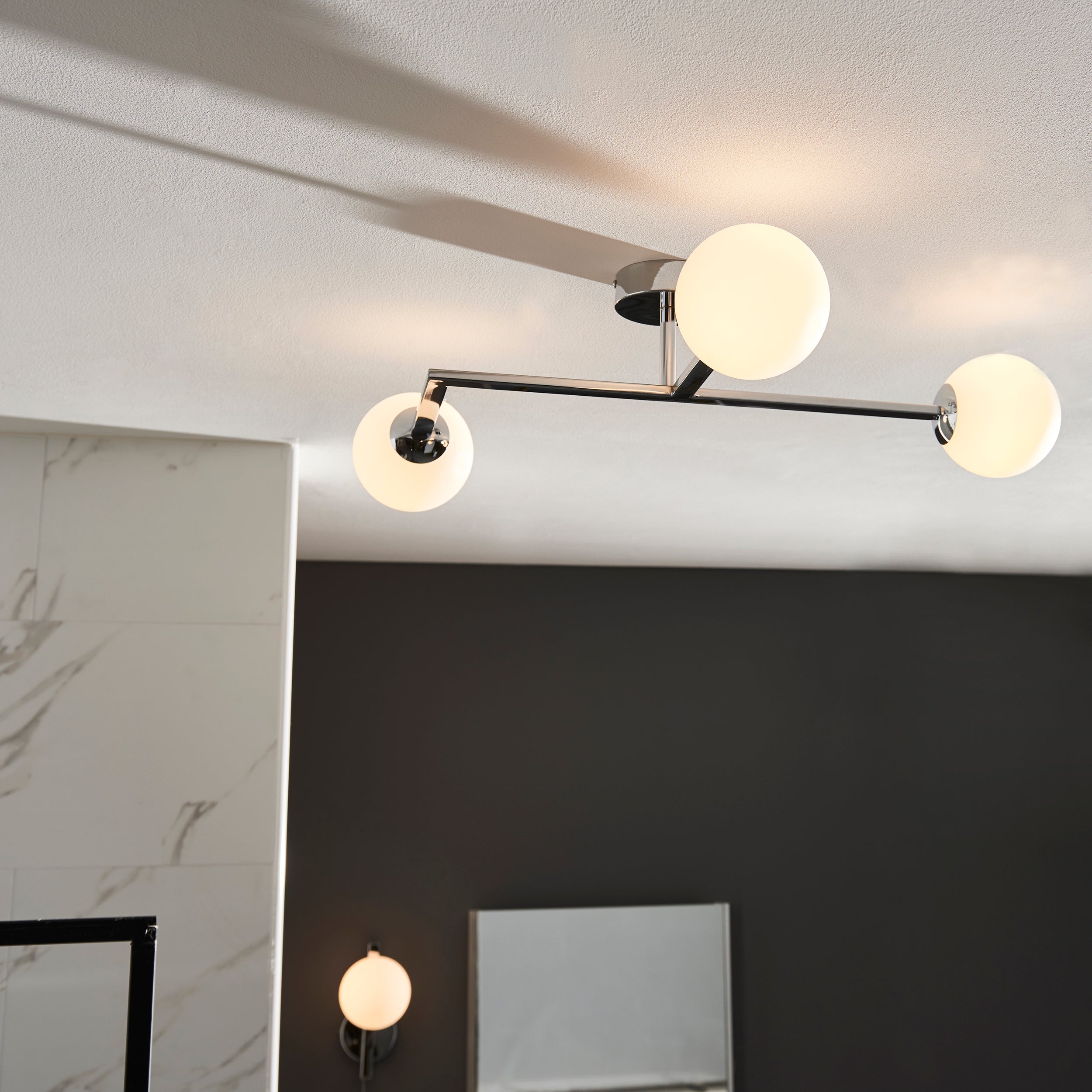 Endon Linear Metal Semi Flush Fitting - Chrome With White Globe