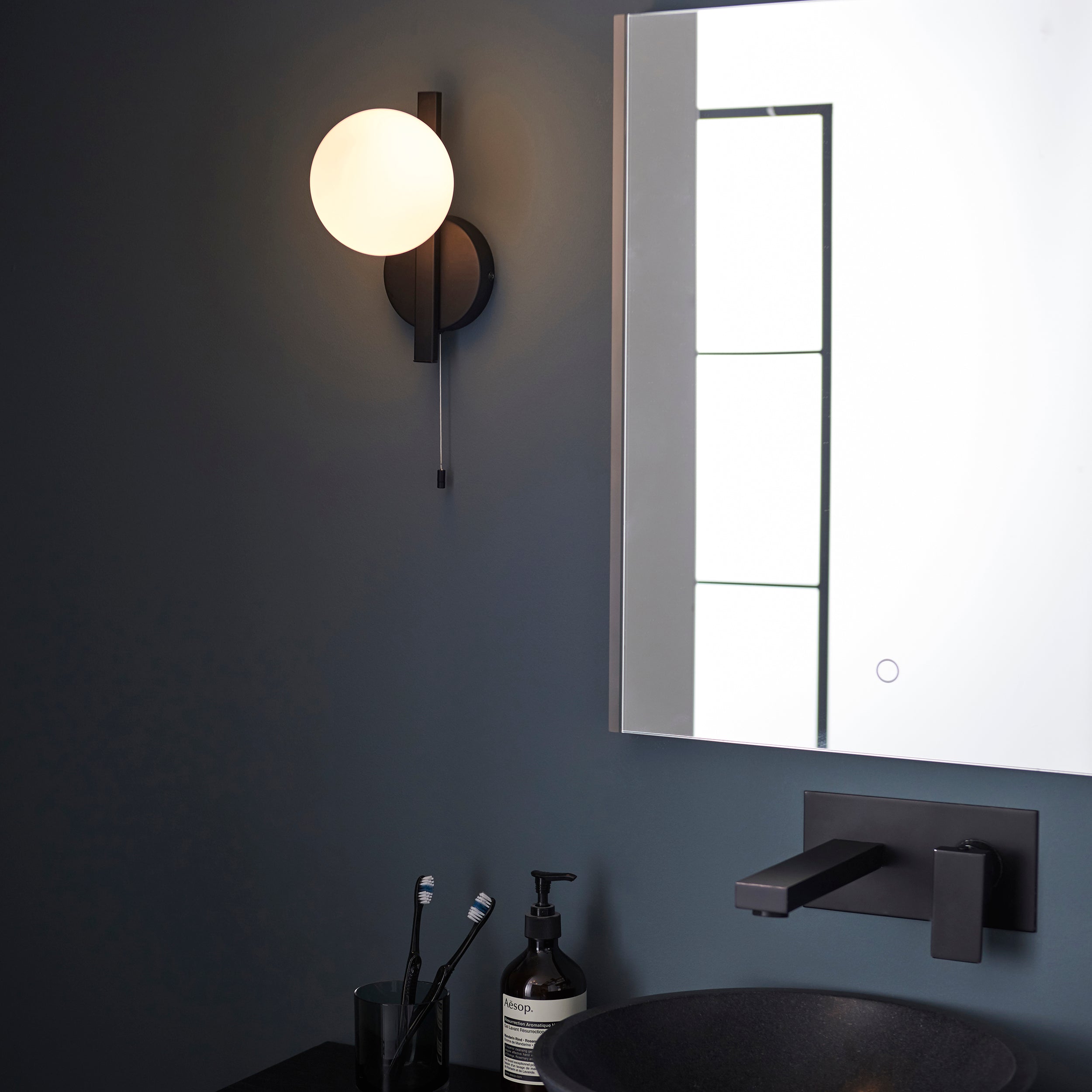Endon Linear Metal Wall Light - Black With White Globe
