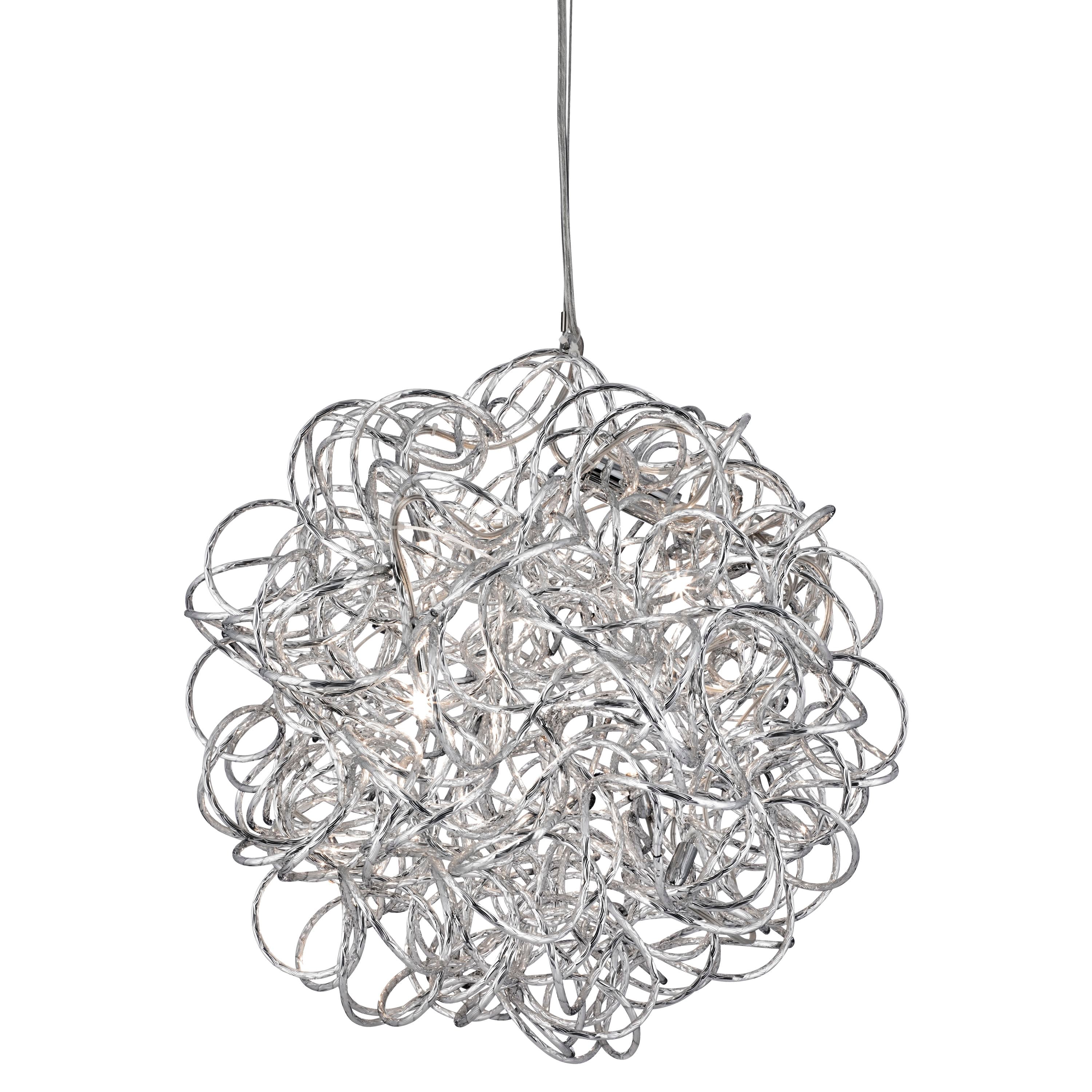 Searchlight Scribble 6 light pendant in chrome, a tangled ball of diamond cut aluminium tubing lit from within, on a plain white background