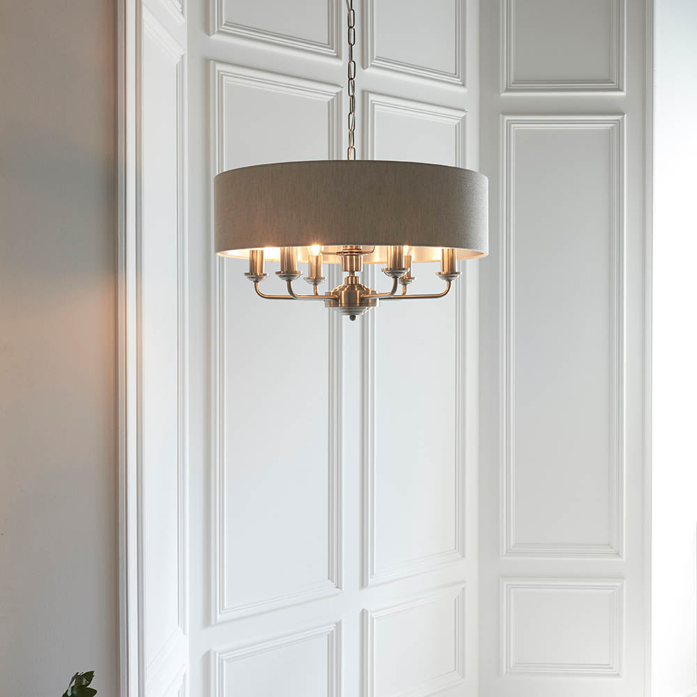 Endon Highclere 6 Light Pendant - Brushed Chrome Plate & Neutral Linen