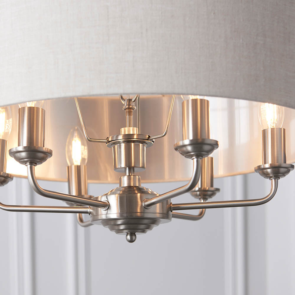 Endon Highclere 6 Light Pendant - Brushed Chrome Plate & Neutral Linen