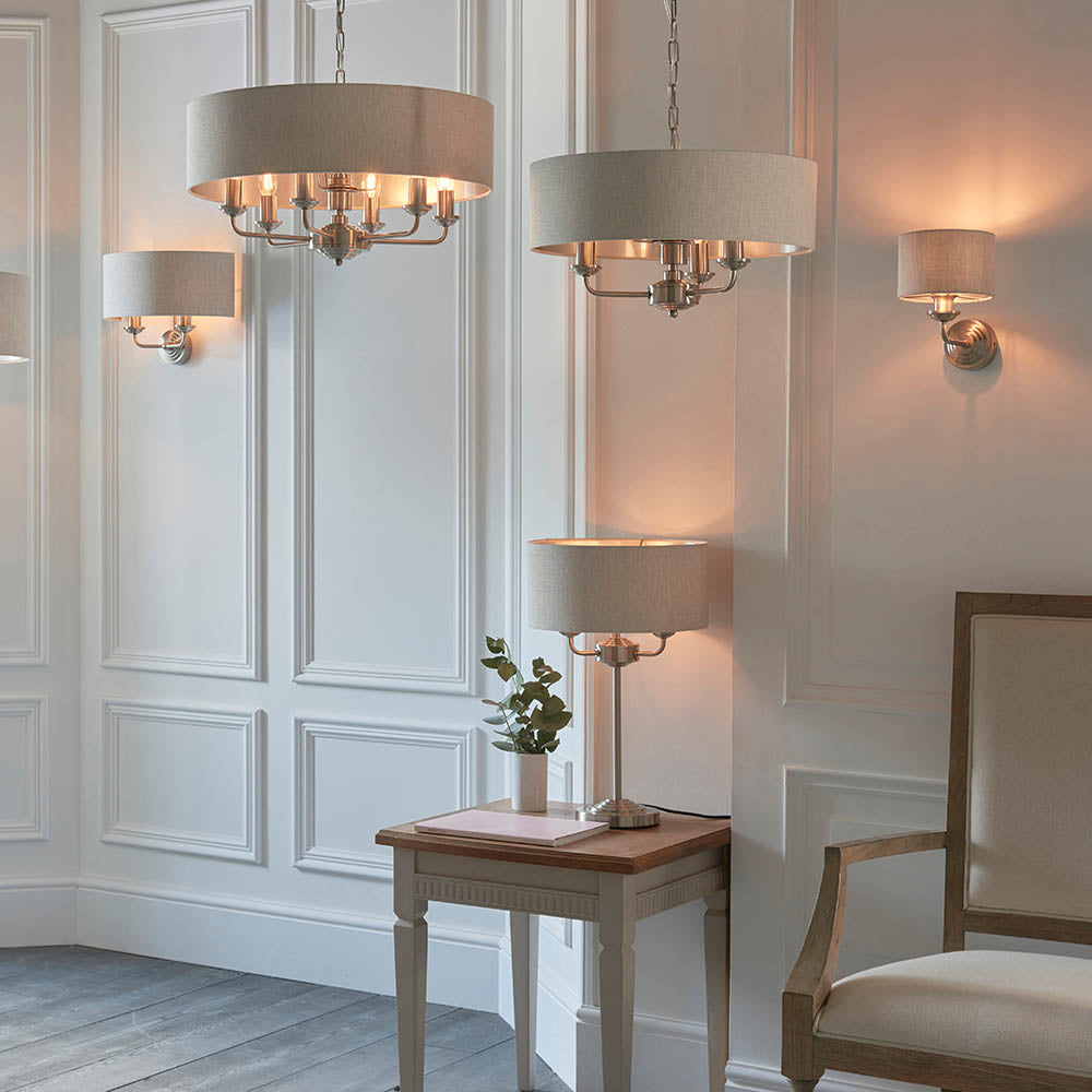Endon Highclere 3 Light Pendant - Brushed Chrome Plate & Neutral Linen
