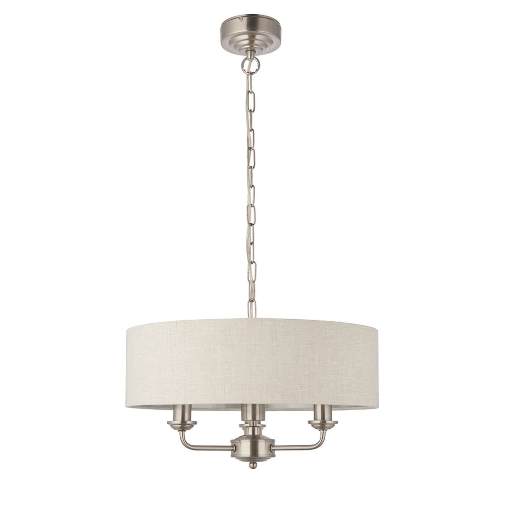 Endon Highclere 3 Light Pendant - Brushed Chrome Plate & Neutral Linen