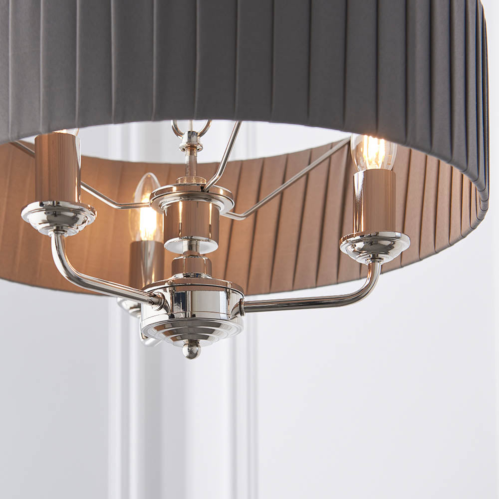 Endon Highclere 3 Light Pendant - Bright Nickel Plate & Wrapped Charcoal Fabric