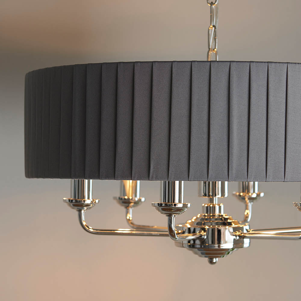 Endon Highclere 6 Light Pendant - Bright Nickel Plate & Wrapped Charcoal Fabric