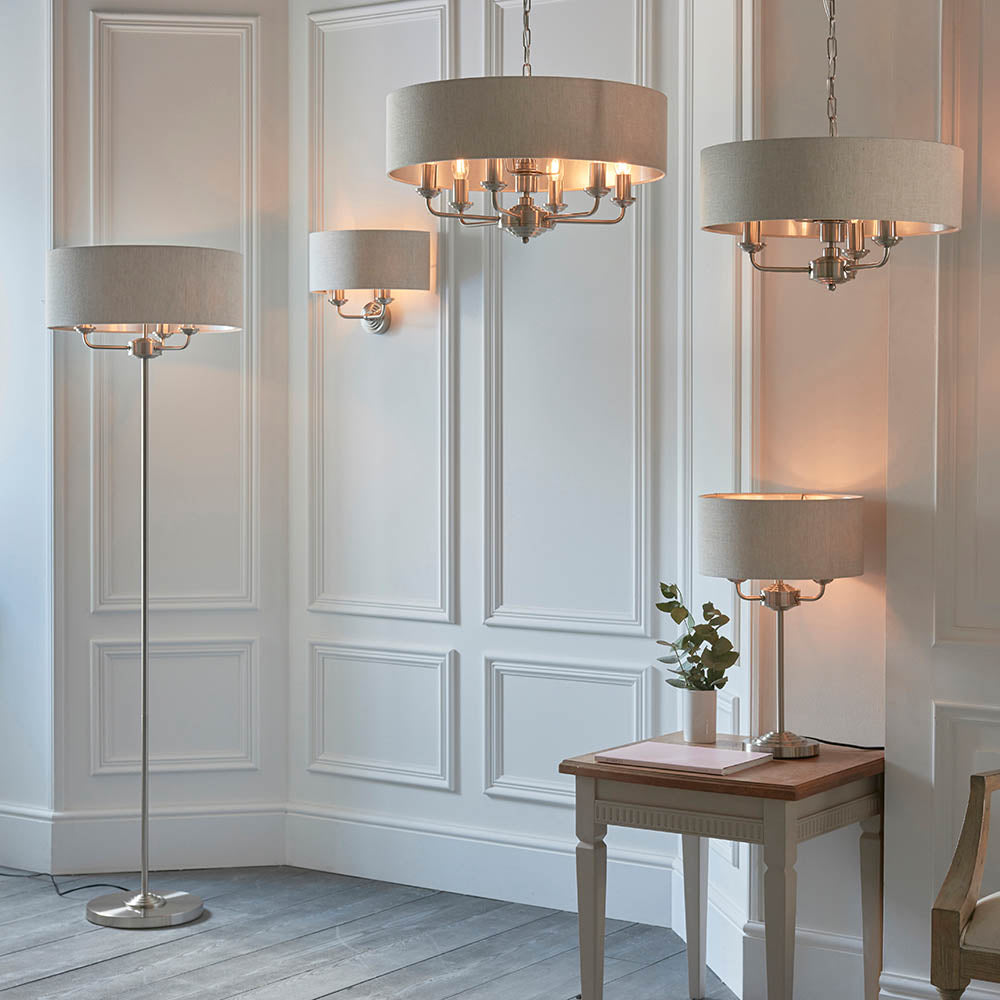 Endon Highclere 2 Light Wall Light - Brushed Chrome Plate & Neutral Linen