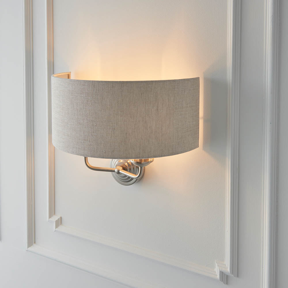 Endon Highclere 2 Light Wall Light - Brushed Chrome Plate & Neutral Linen
