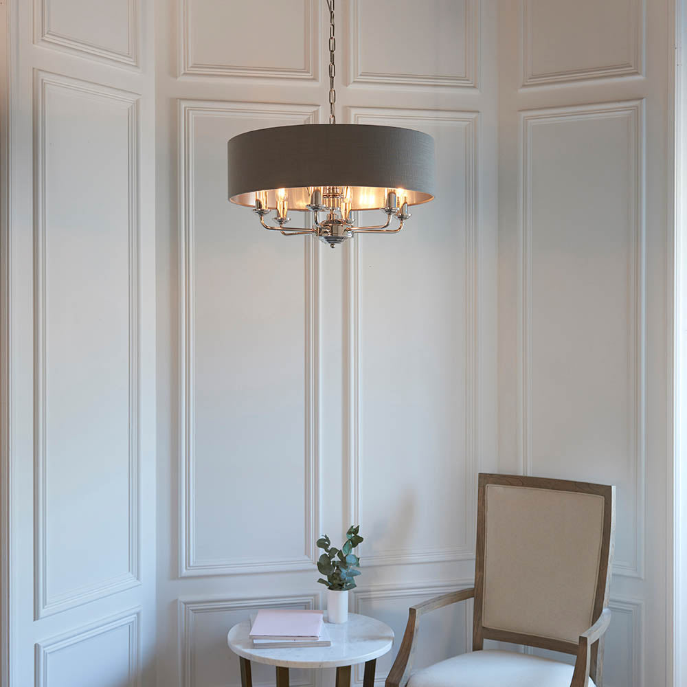 Endon Highclere 8 Light Pendant - Bright Nickel Plate & Charcoal Fabric