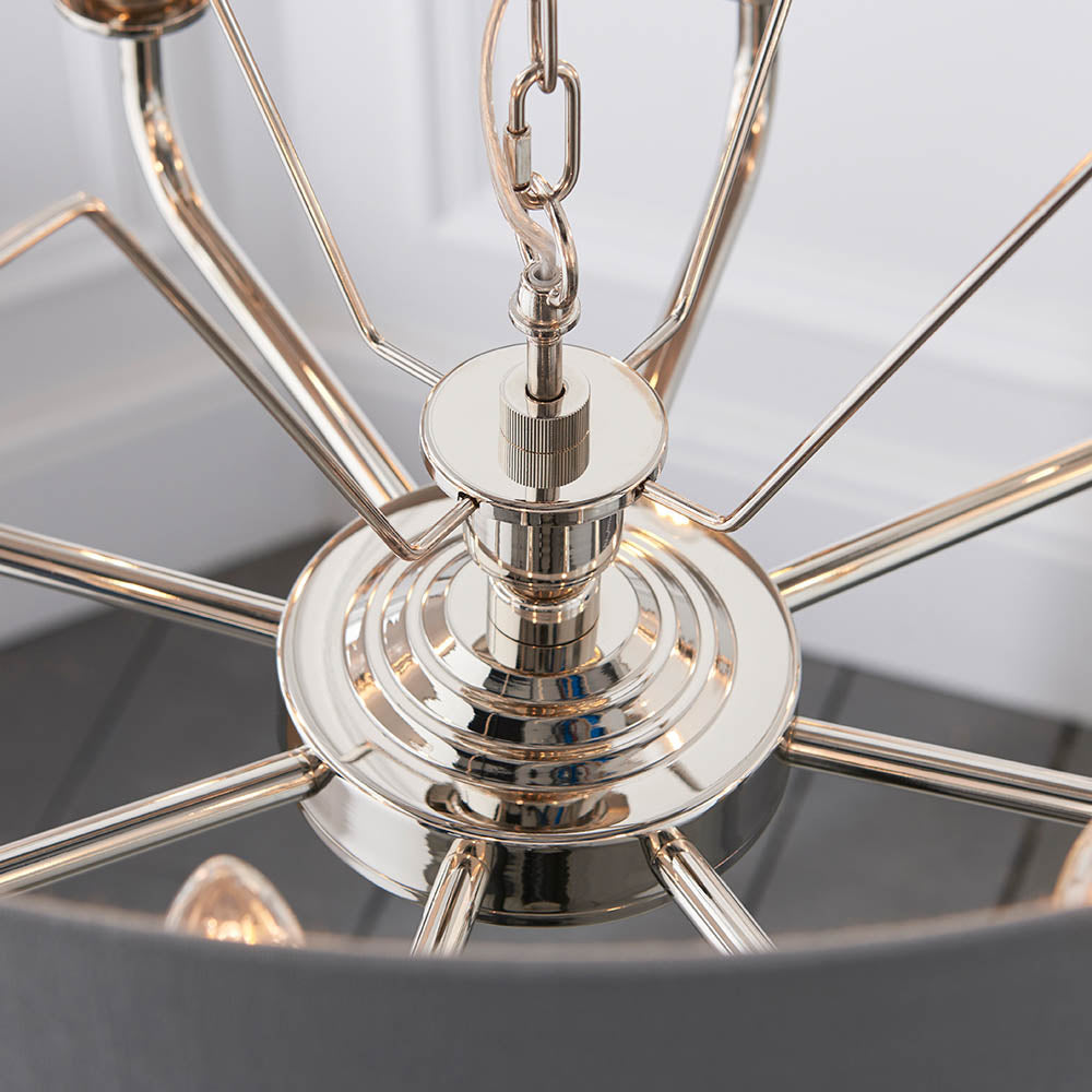 Endon Highclere 8 Light Pendant - Bright Nickel Plate & Charcoal Fabric