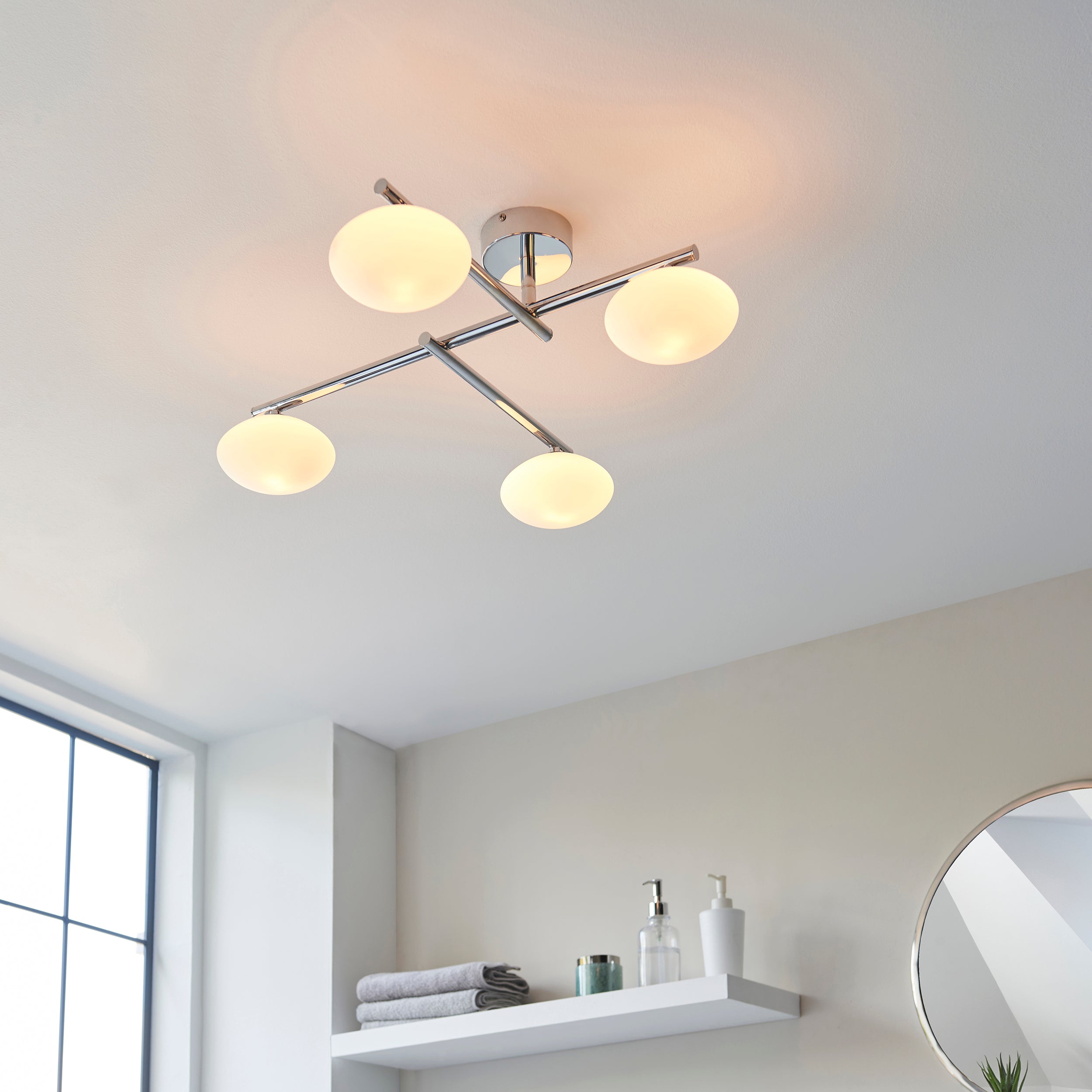 Endon Linear Metal Semi Flush Fitting - Chrome & White Globes
