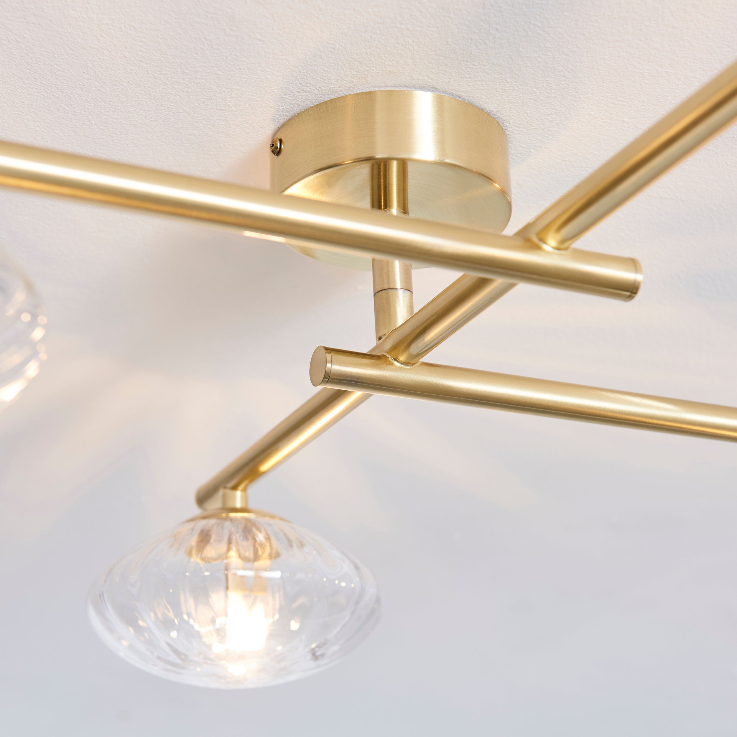 Endon Linear Metal Semi Flush Fitting - Brushed Gold & Ribbed Glass Shades