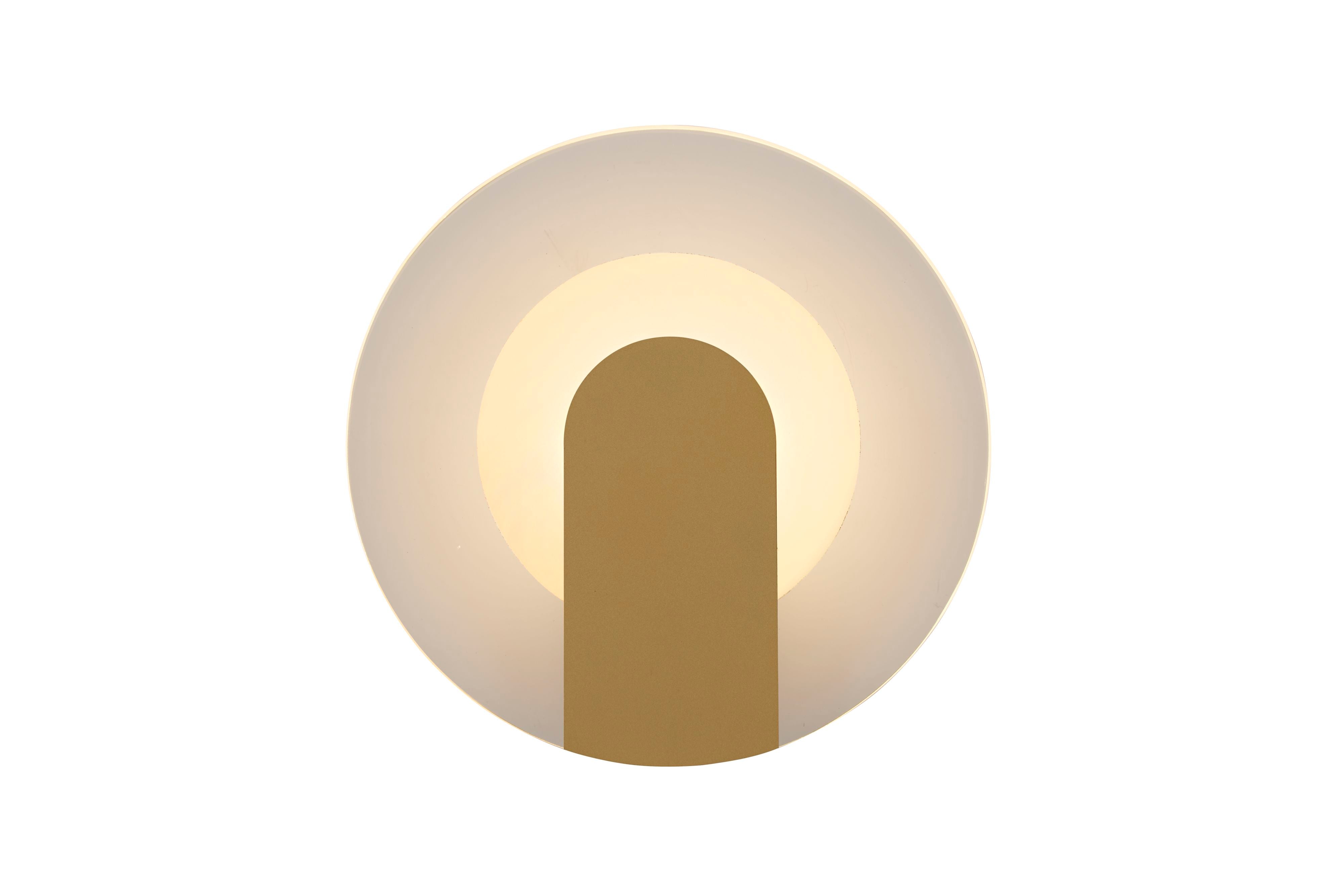 Searchlight Target LED wall light in sand gold, front view of the frosted acrylic diffuser with the arch shaped bracket lit from behind, on a white studio background