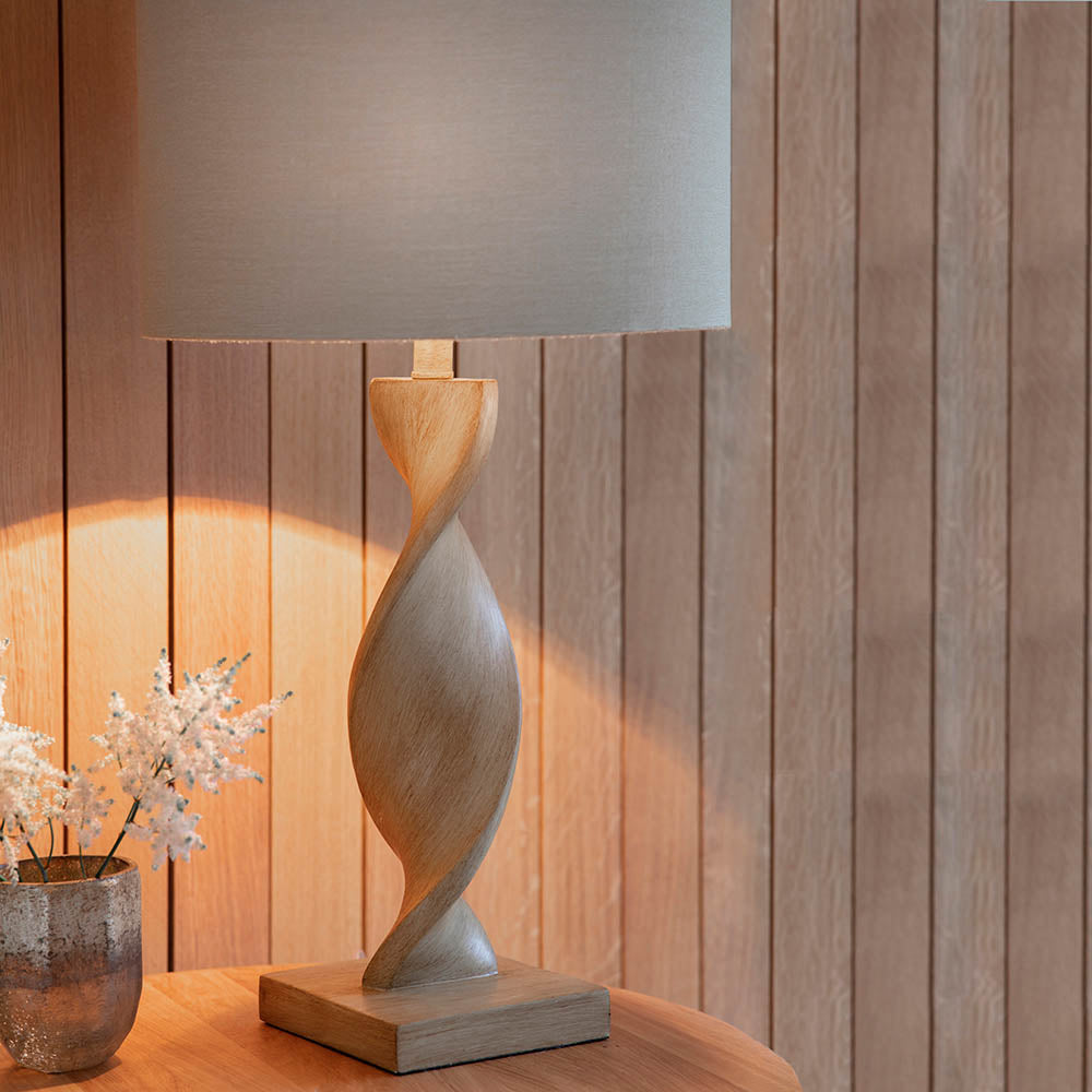 Endon Abia Single Light Table Lamp - Oak Effect Resin & Neutral Linen