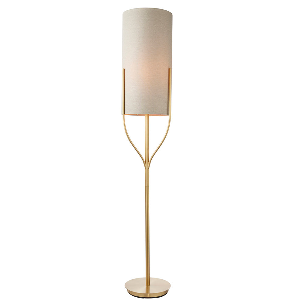 Endon Fraser Single Light Floor Lamp - Satin Brass Plate & Neutral Linen Mix Fabric
