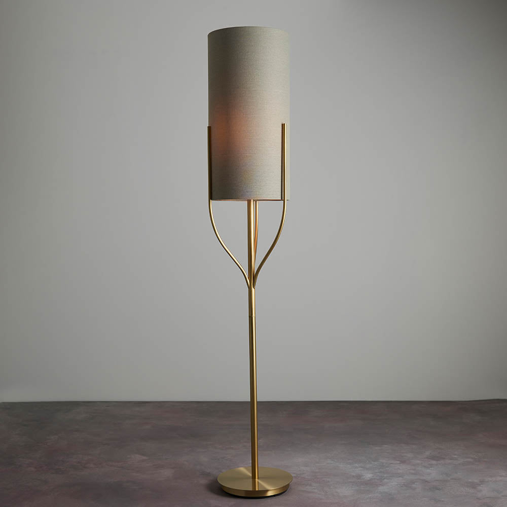 Endon Fraser Single Light Floor Lamp - Satin Brass Plate & Neutral Linen Mix Fabric