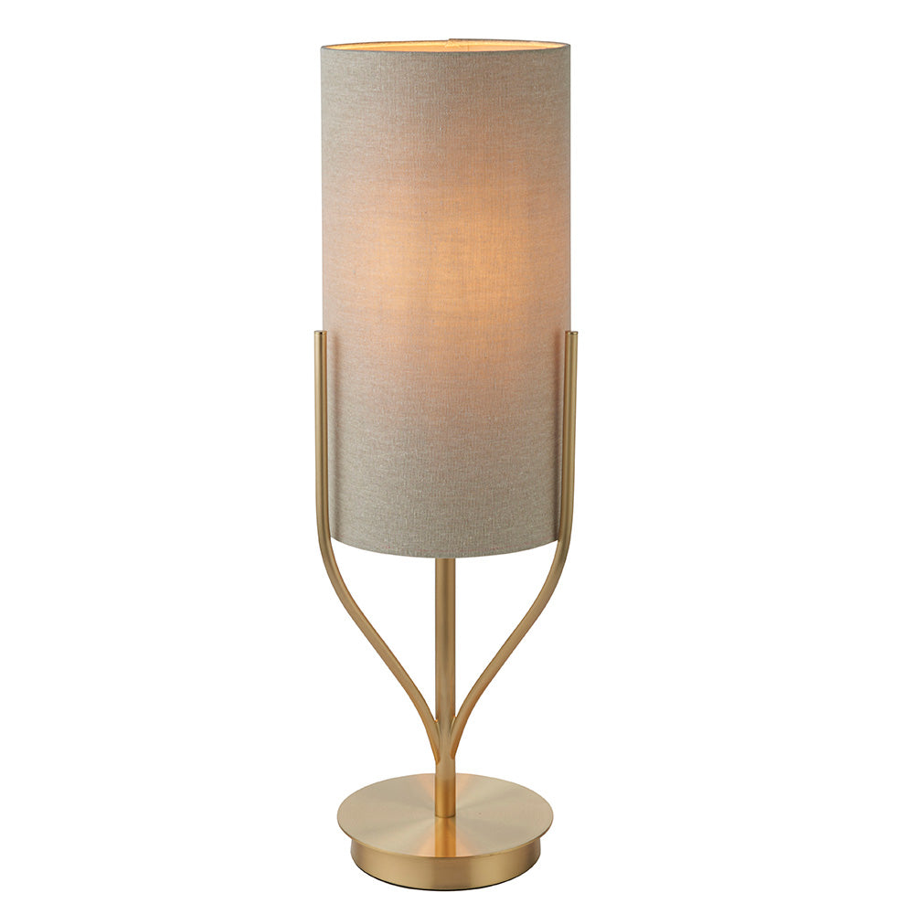 Endon Fraser Single Light Table Lamp - Satin Brass Plate & Neutral Linen Mix Fabric
