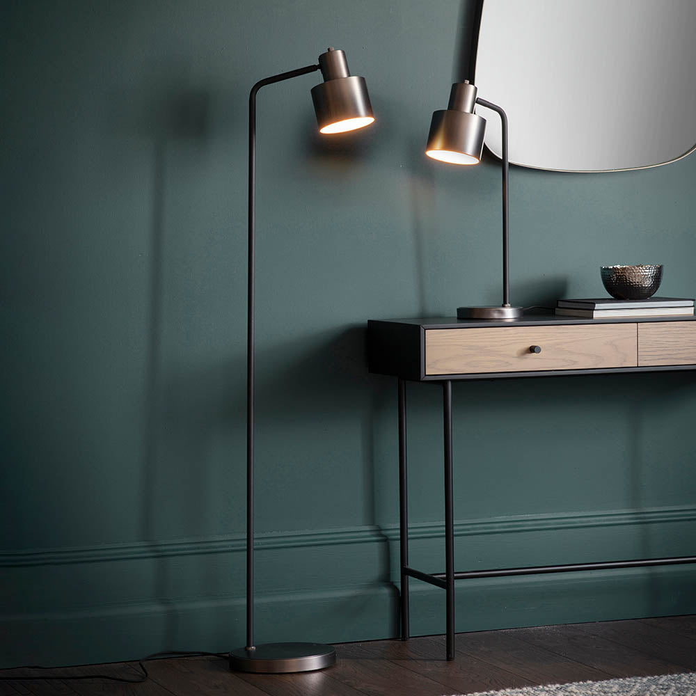 Endon Mayfield Task Single Light Floor Lamp - Brushed Silver Plate Finish & Matt Black