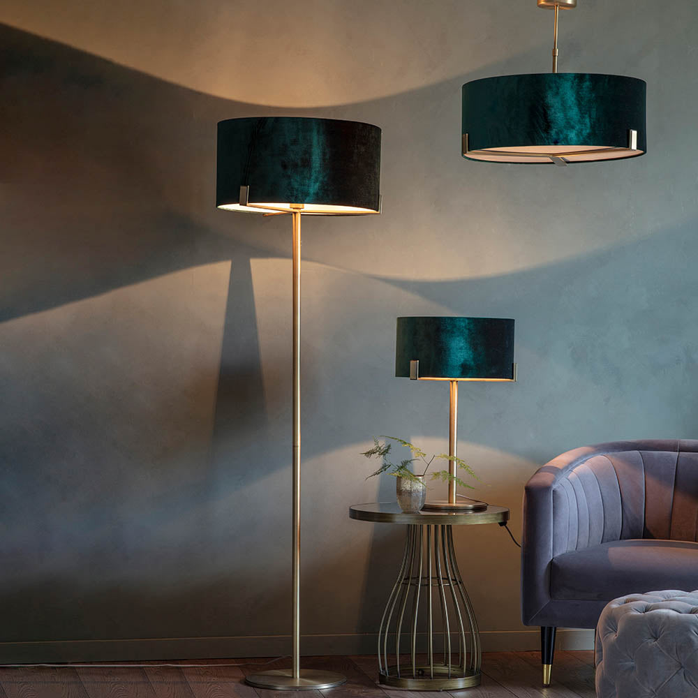 Endon Hayfield Single Light Table Lamp - Matt Antique Brass Plate & Green Velvet