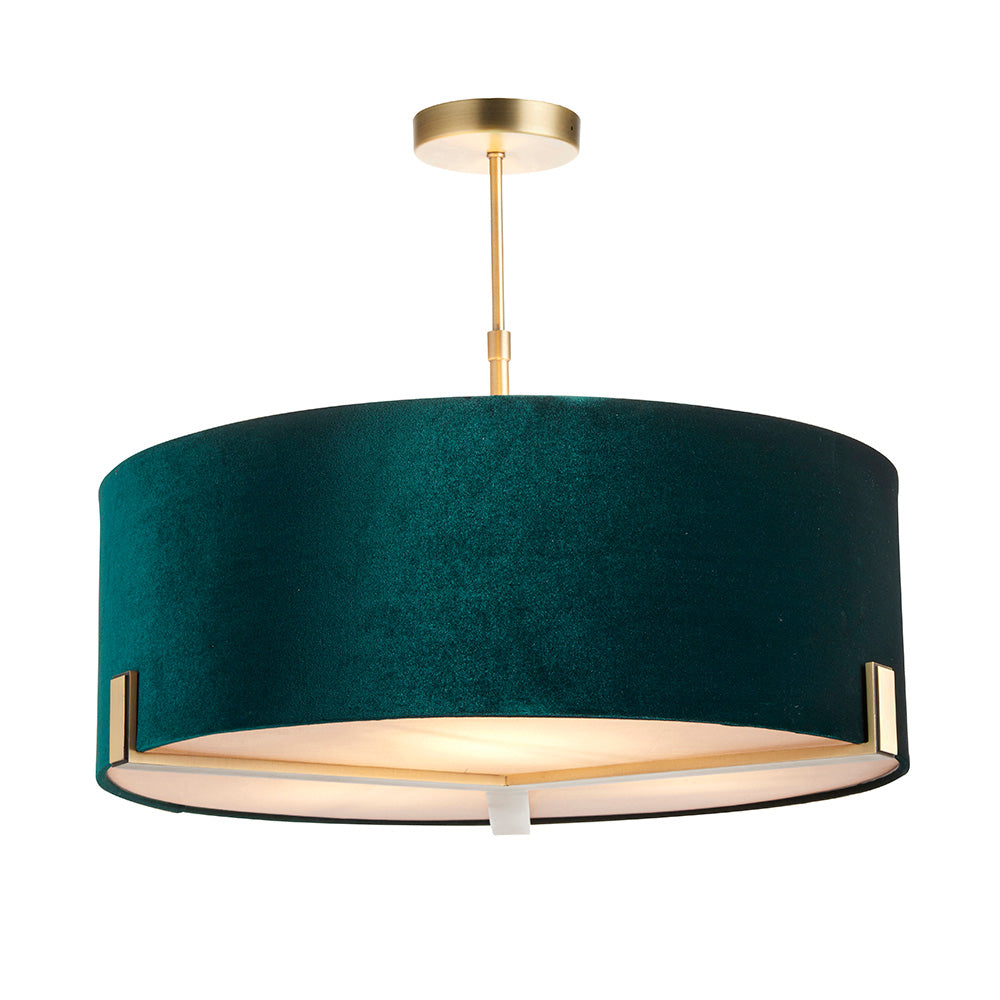 Endon Hayfield 3 Light Pendant - Matt Antique Brass Plate & Green Velvet