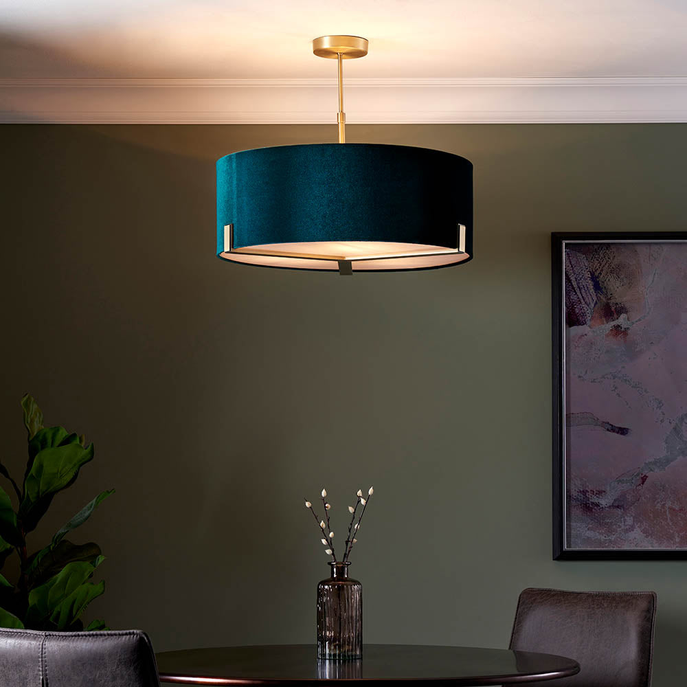 Endon Hayfield 3 Light Pendant - Matt Antique Brass Plate & Green Velvet