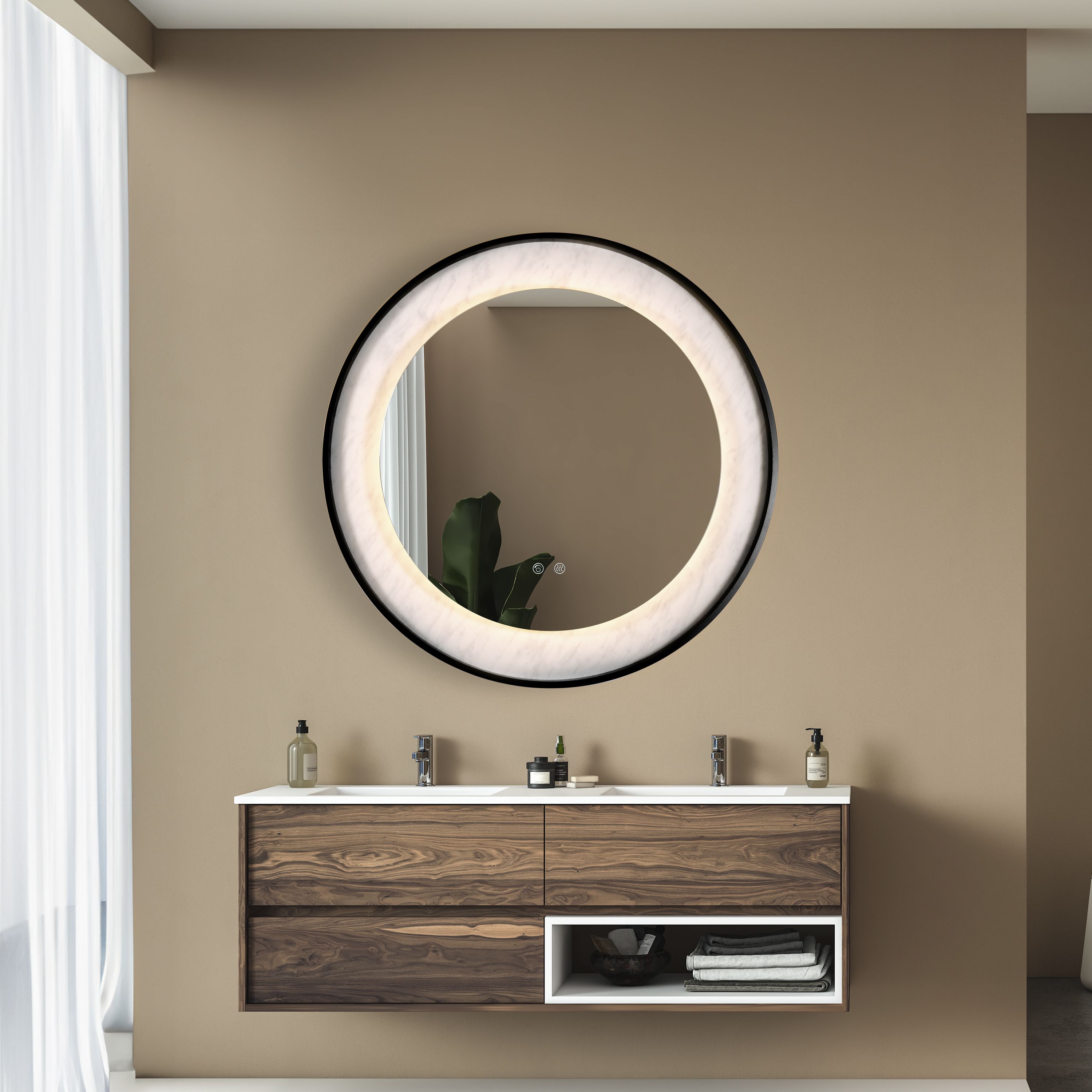 Searchlight Luxo LED mirror in matt black styled above a wood vanity double sink unit in a beige bathroom, marble effect ring lit