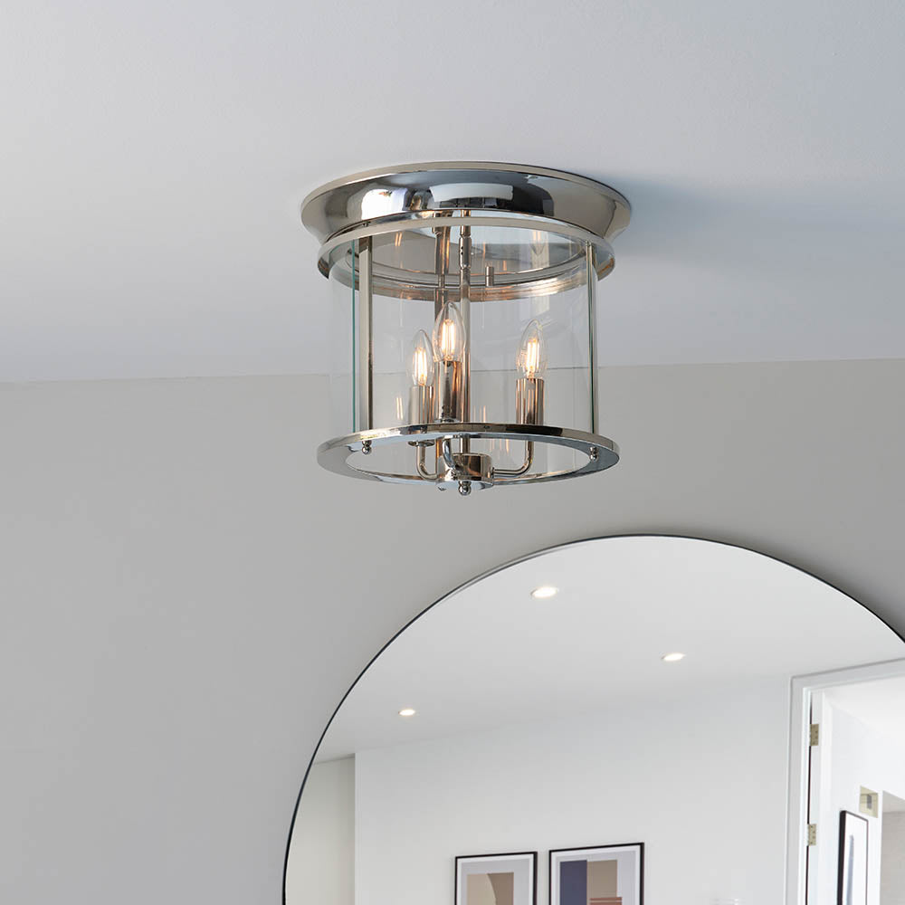 Endon Hampworth 3 Light Flush - Bright Nickel Plate & Clear Glass