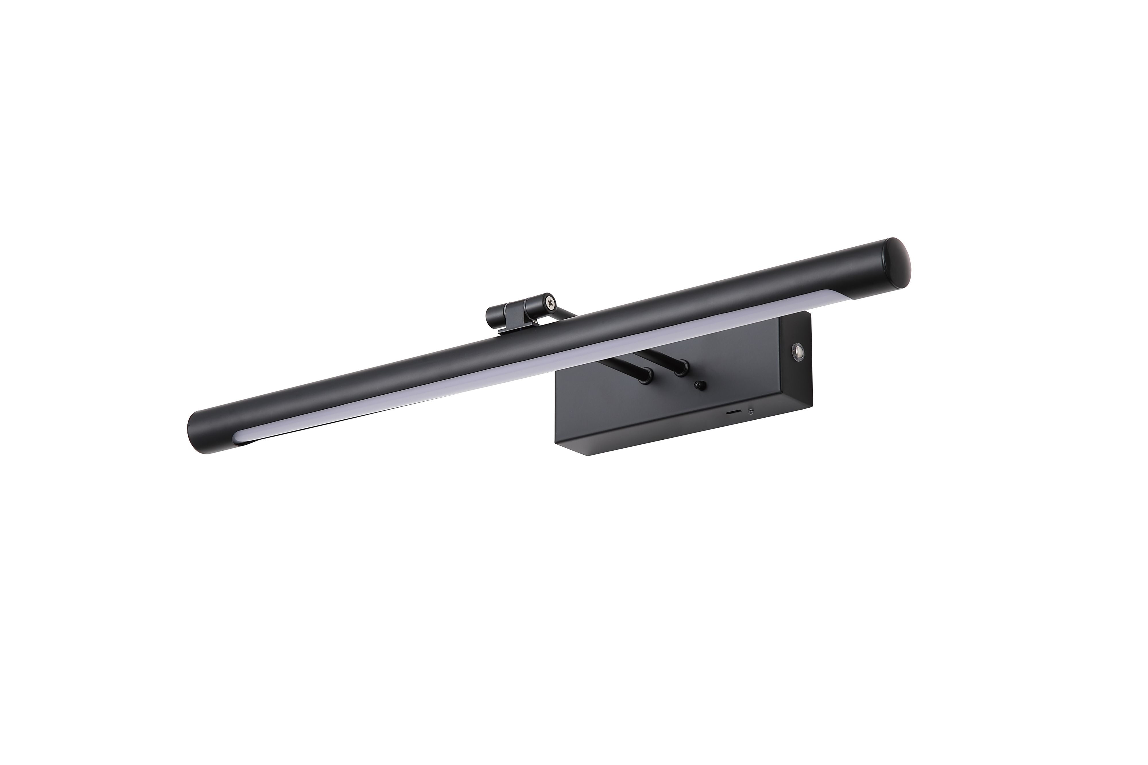 Holton matt black rechargeable wall lamp, angled studio shot with a brighter white toned LED bar, showing the twin mounting pins on the housing