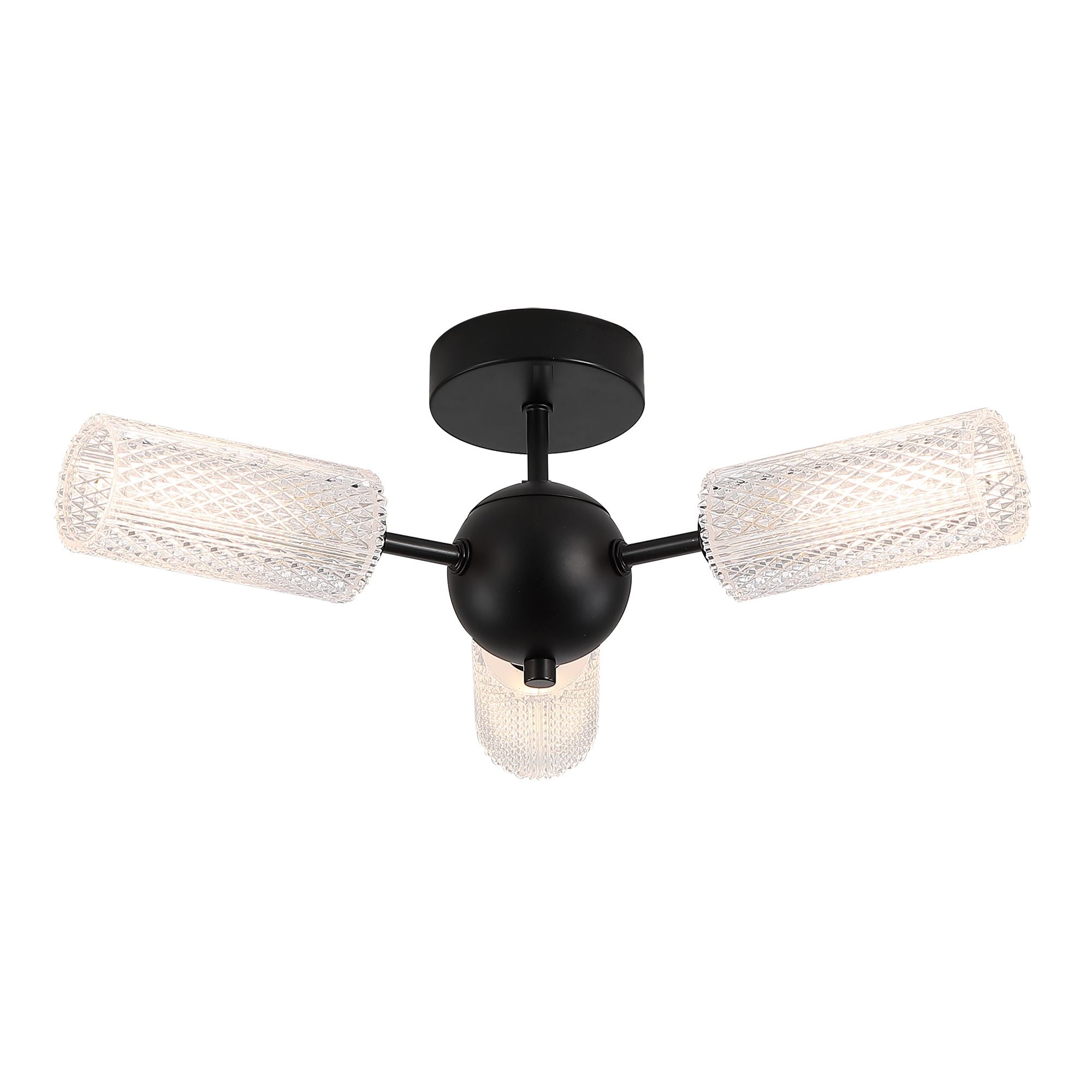 Searchlight Cosmic 3 light semi flush ceiling light in black with textured acrylic shades, angled studio shot with bulbs lit