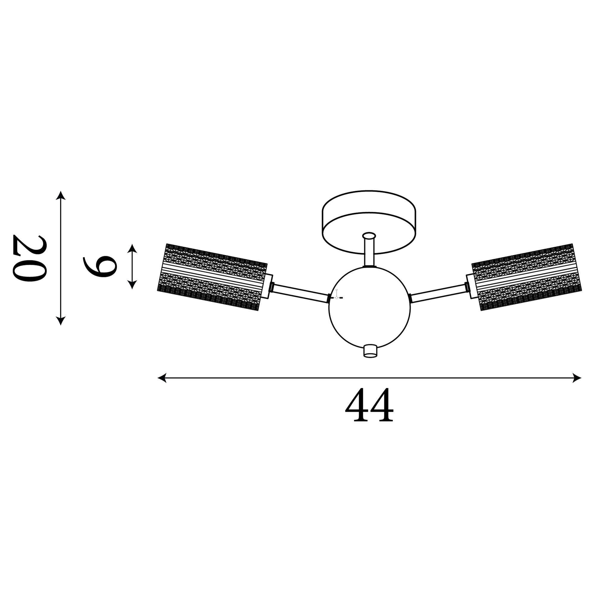 Technical line drawing of the Cosmic 3 light semi flush ceiling light showing its three arm layout and dimensions